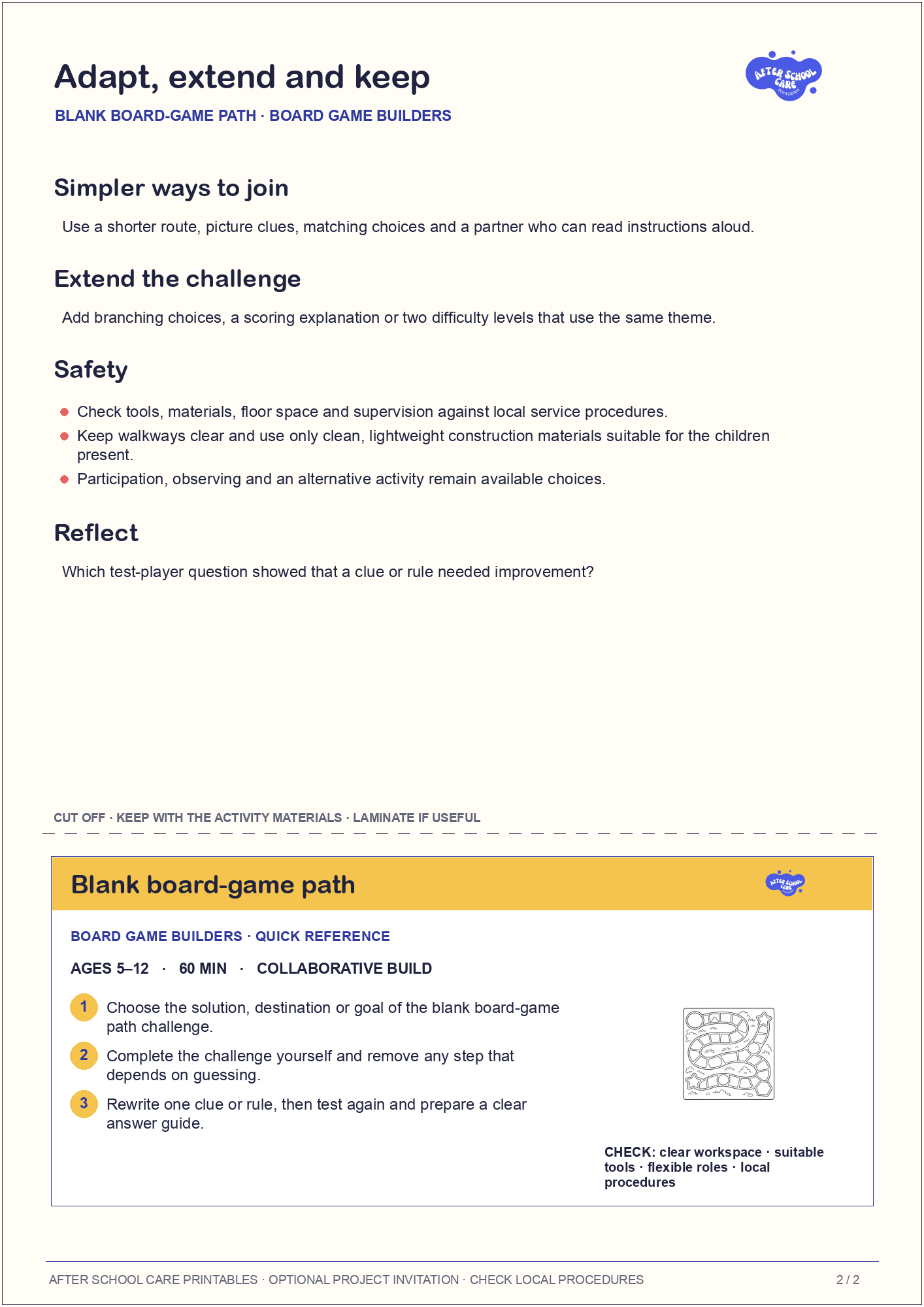 Blank board-game path – Board Game Builders Major Activity adaptations and quick-reference card preview