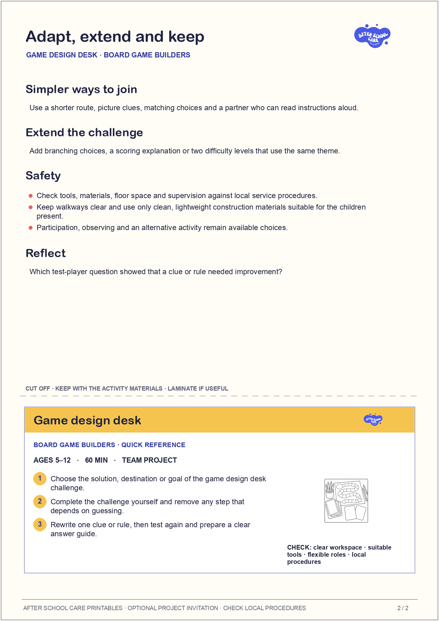 Game design desk – Board Game Builders Major Activity adaptations and quick-reference card preview