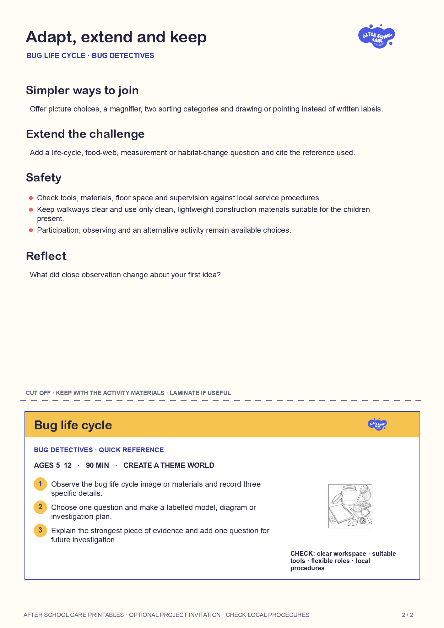 Bug life cycle – Bug Detectives Major Activity adaptations and quick-reference card preview