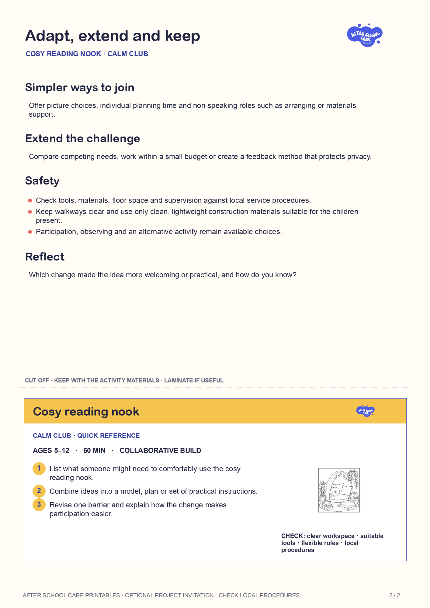 Cosy reading nook – Calm Club Major Activity adaptations and quick-reference card preview