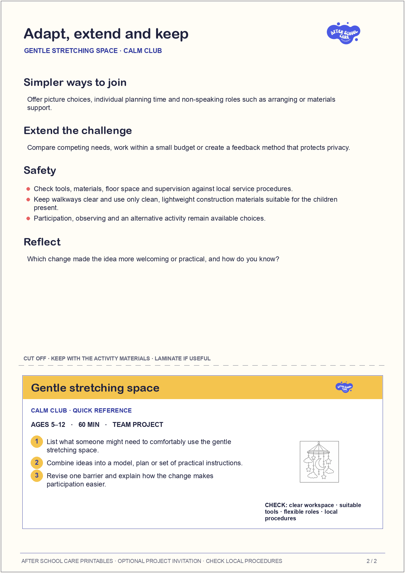 Gentle stretching space – Calm Club Major Activity adaptations and quick-reference card preview