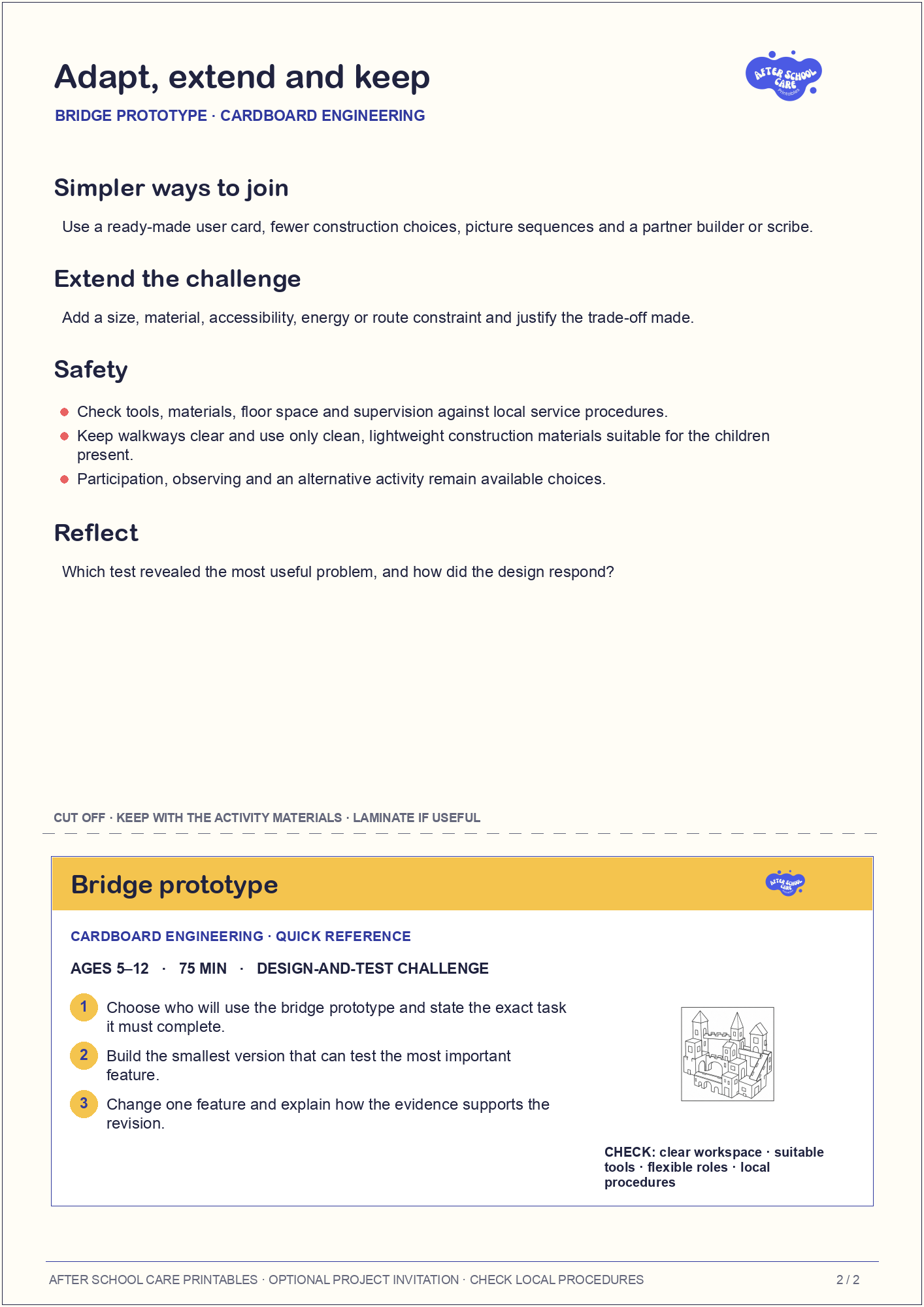 Bridge prototype – Cardboard Engineering Major Activity adaptations and quick-reference card preview