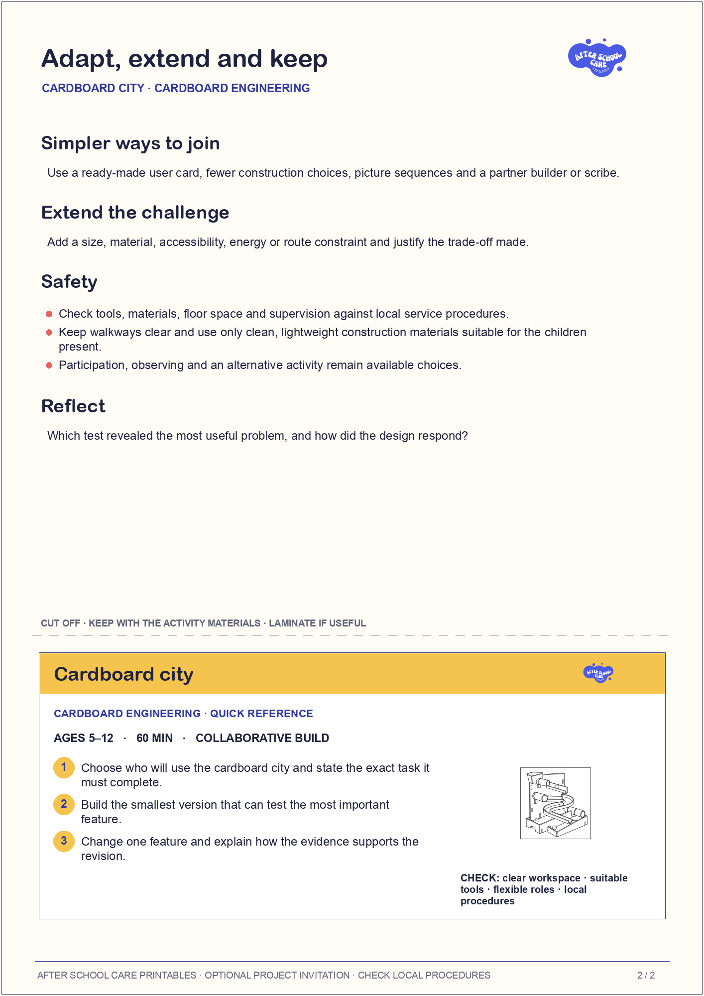Cardboard city – Cardboard Engineering Major Activity adaptations and quick-reference card preview
