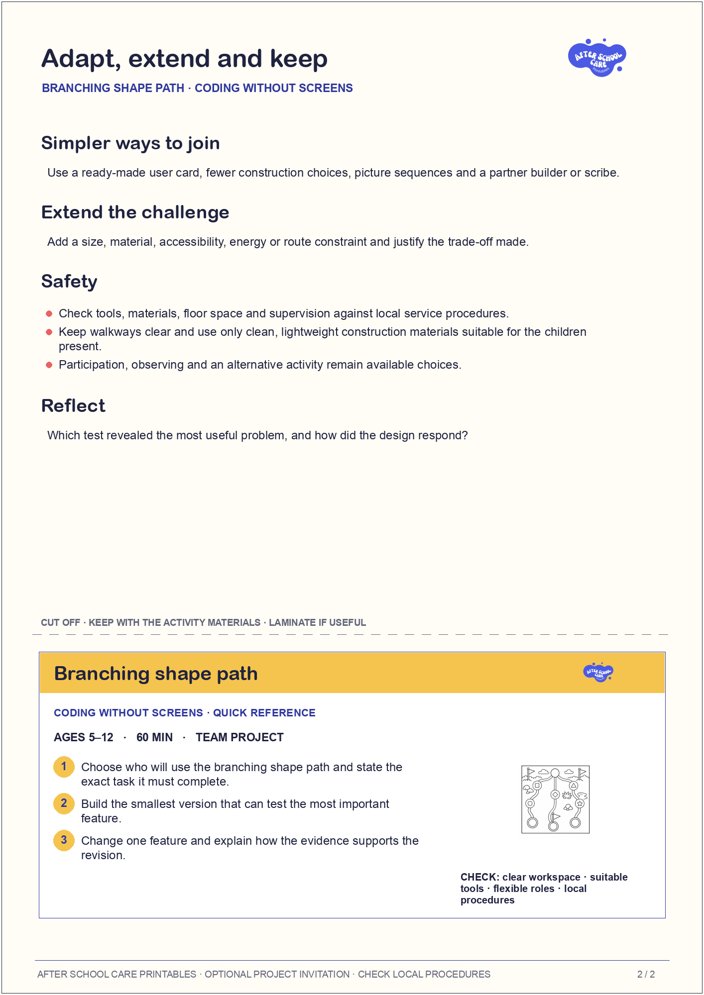 Branching shape path – Coding Without Screens Major Activity adaptations and quick-reference card preview