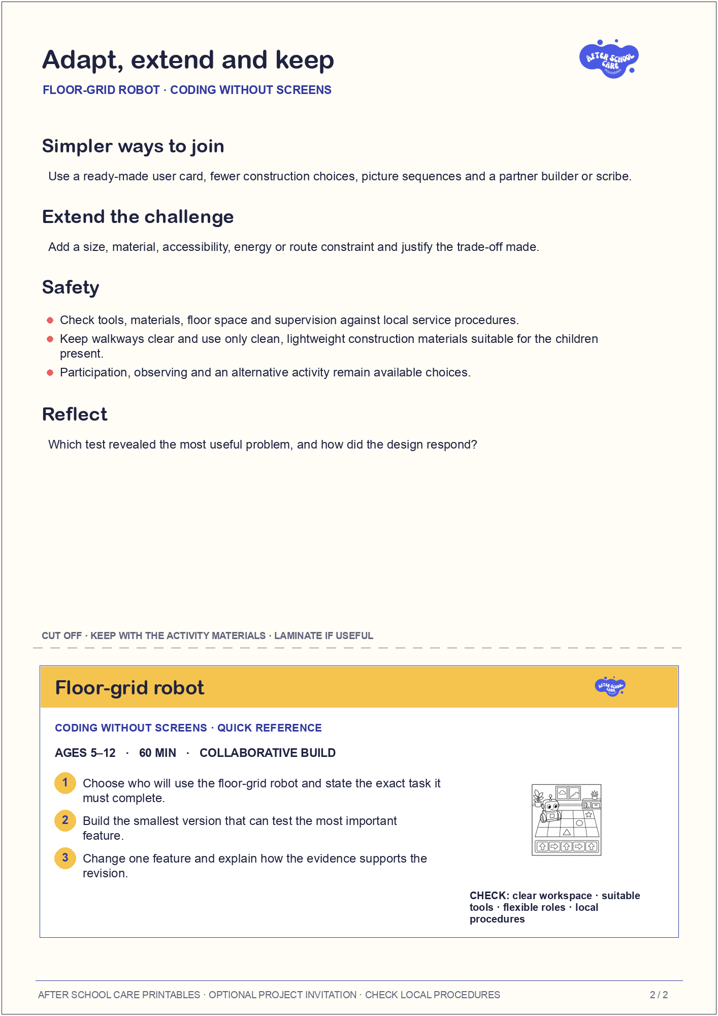 Floor-grid robot – Coding Without Screens Major Activity adaptations and quick-reference card preview