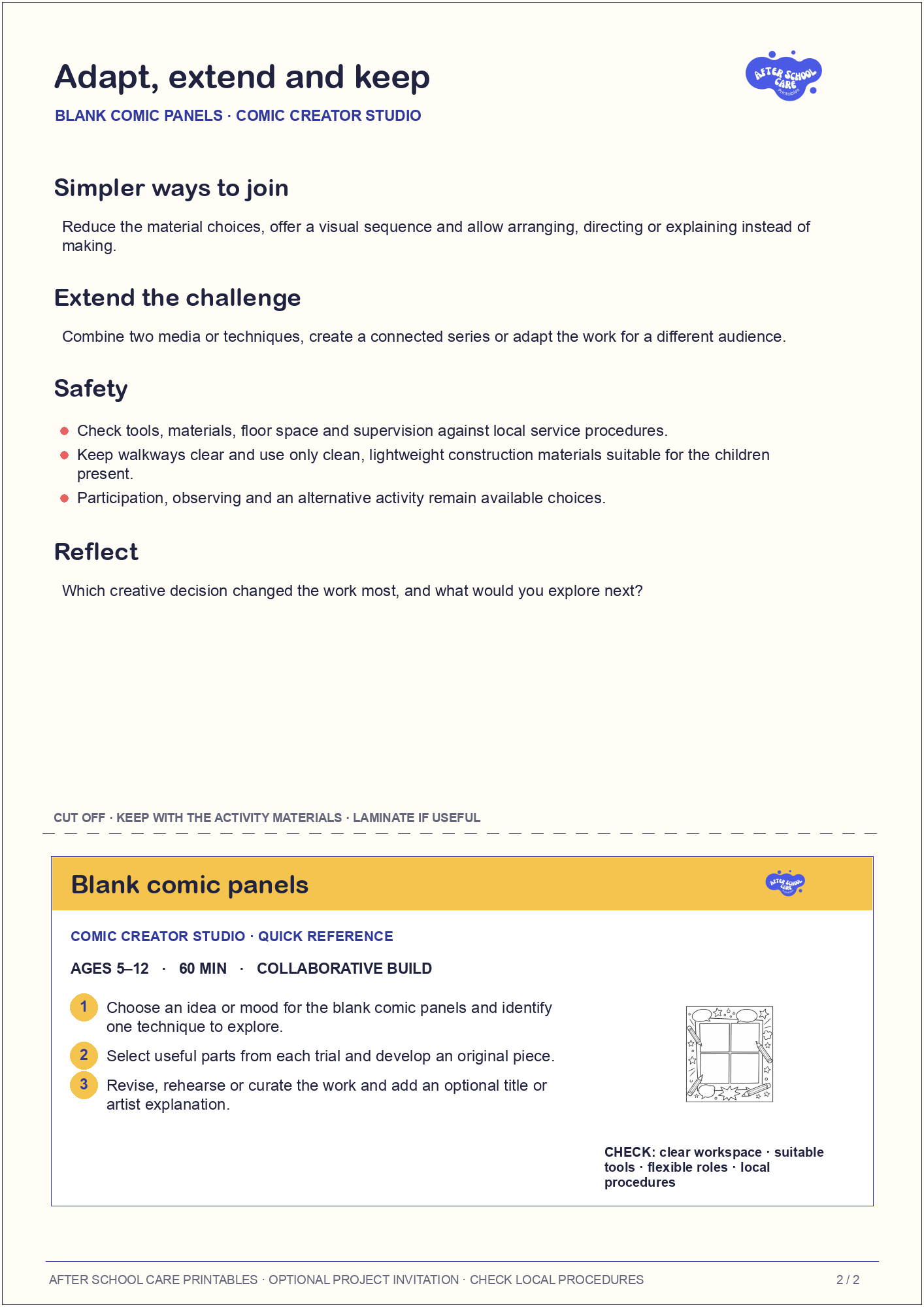 Blank comic panels – Comic Creator Studio Major Activity adaptations and quick-reference card preview