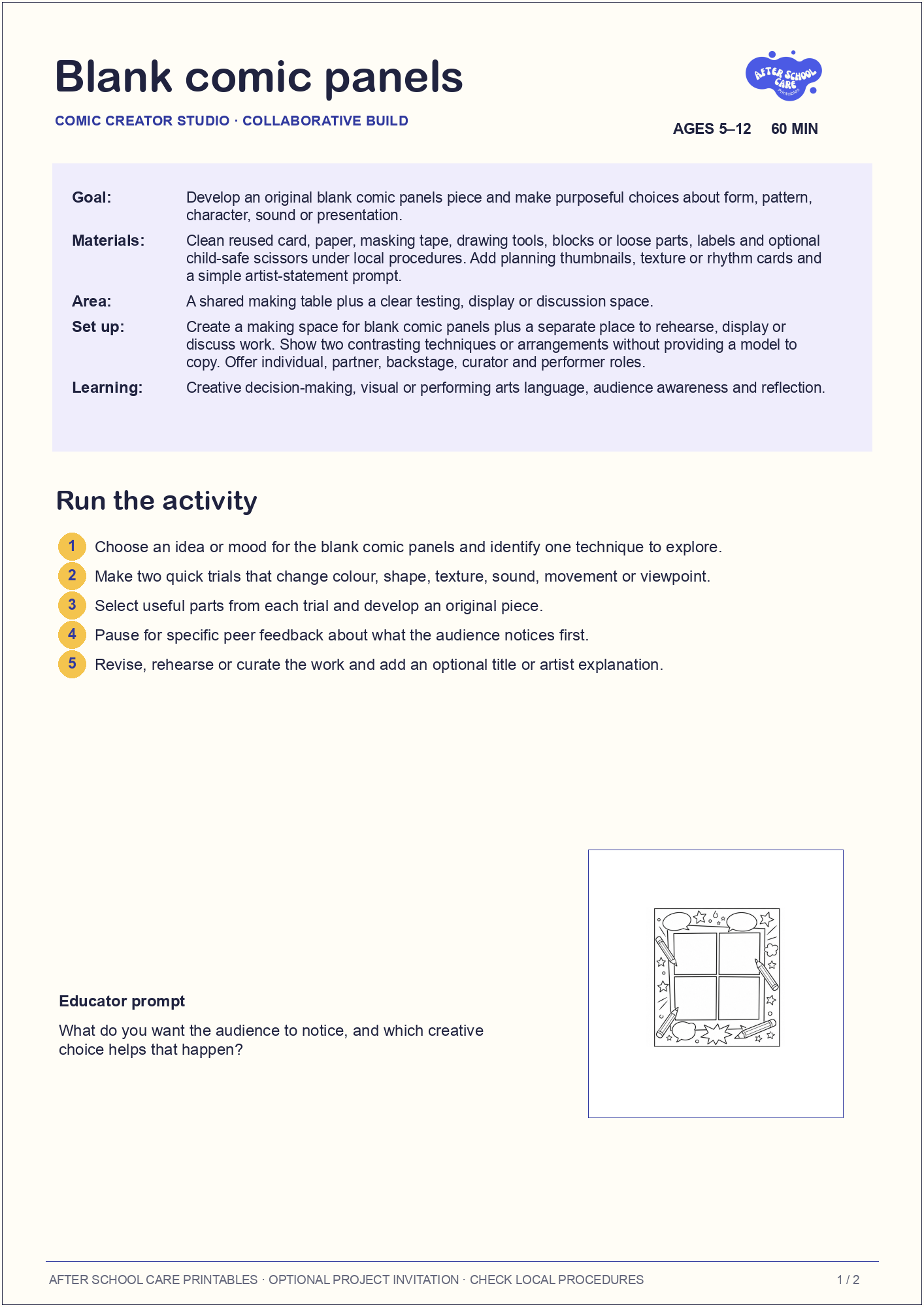 Blank comic panels – Comic Creator Studio Major Activity activity steps preview