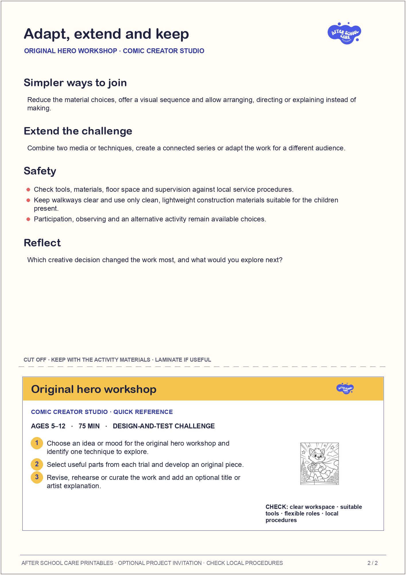 Original hero workshop – Comic Creator Studio Major Activity adaptations and quick-reference card preview