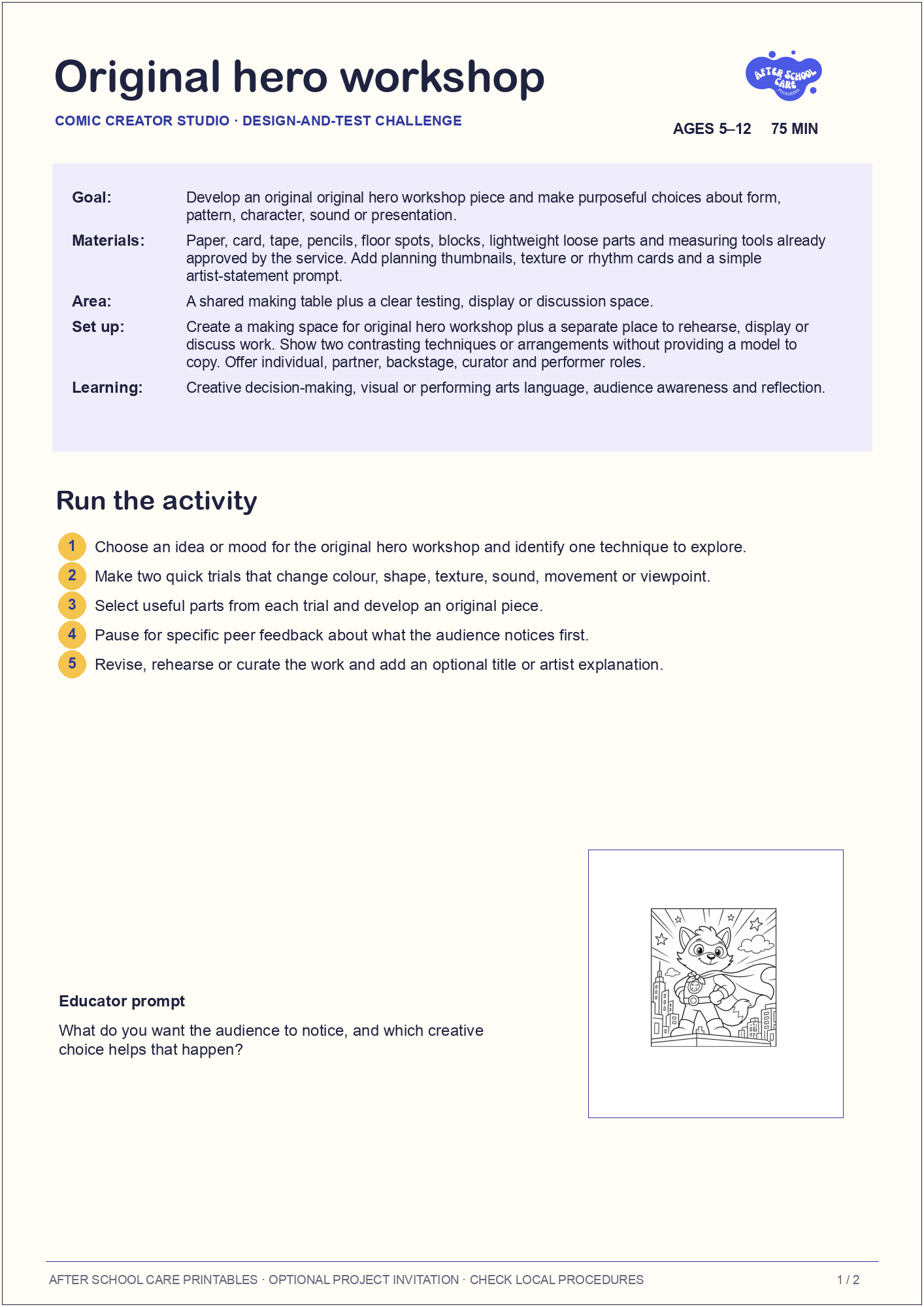 Original hero workshop – Comic Creator Studio Major Activity activity steps preview