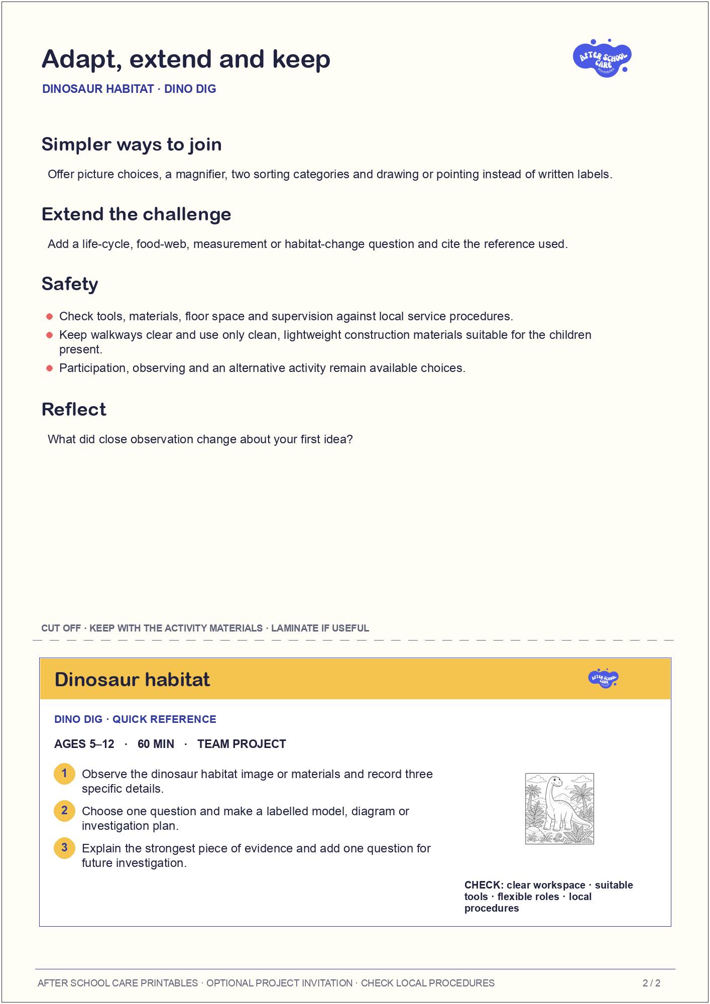 Dinosaur habitat – Dino Dig Major Activity adaptations and quick-reference card preview