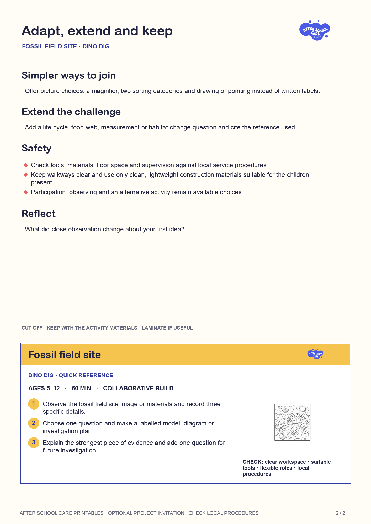 Fossil field site – Dino Dig Major Activity adaptations and quick-reference card preview
