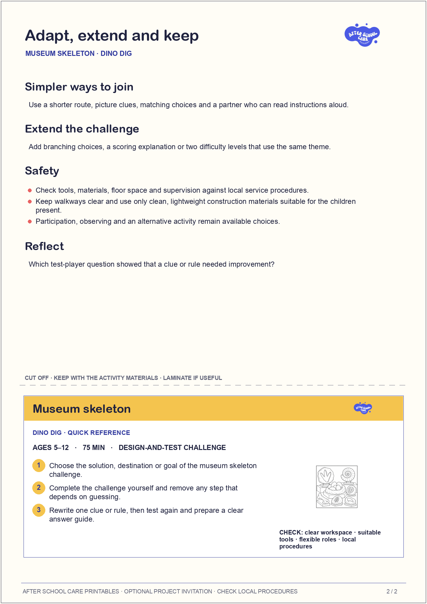 Museum skeleton – Dino Dig Major Activity adaptations and quick-reference card preview