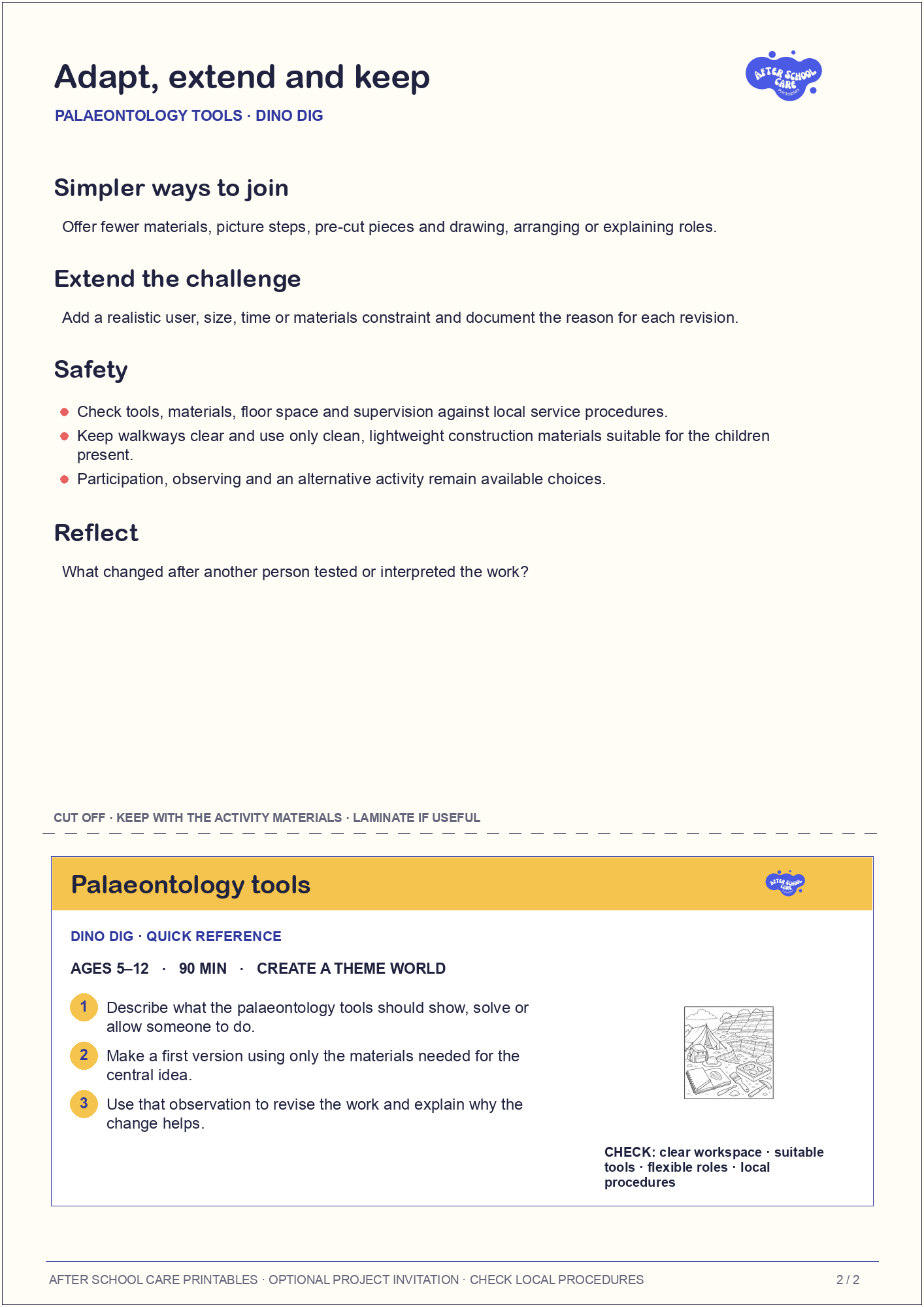 Palaeontology tools – Dino Dig Major Activity adaptations and quick-reference card preview
