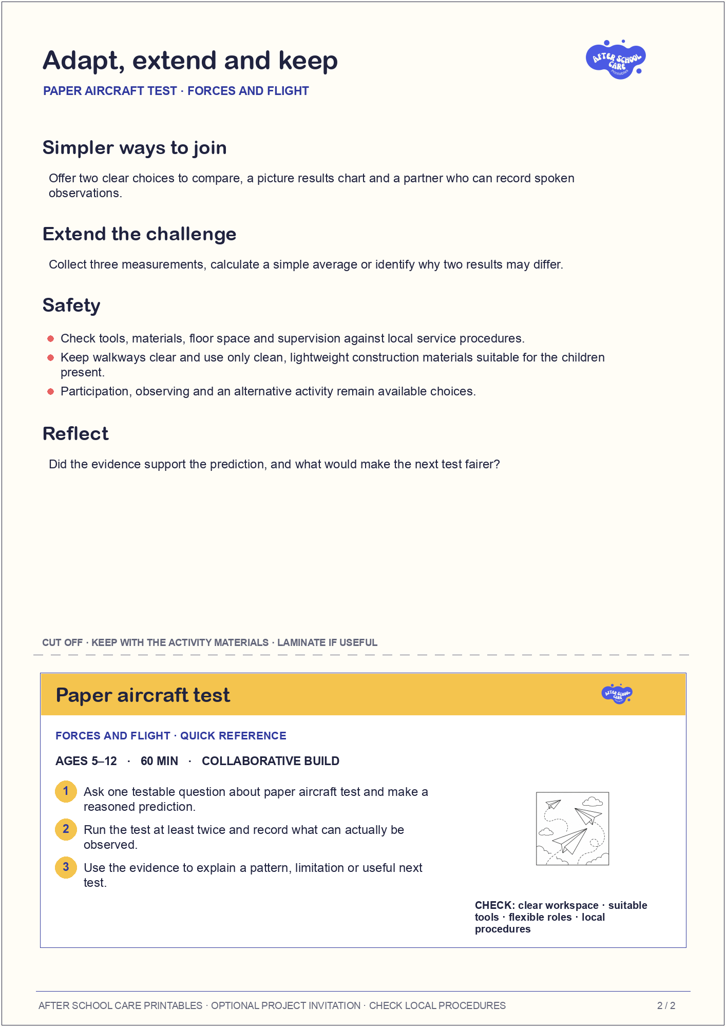 Paper aircraft test – Forces and Flight Major Activity adaptations and quick-reference card preview