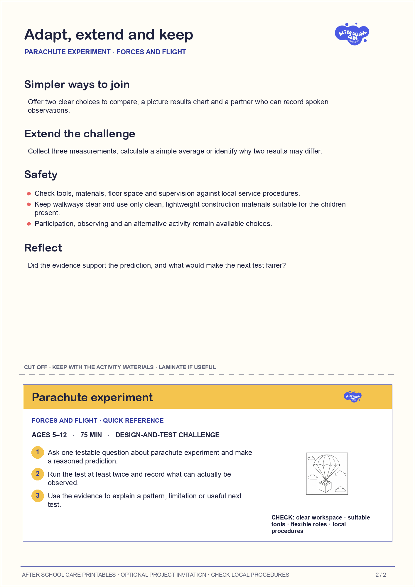 Parachute experiment – Forces and Flight Major Activity adaptations and quick-reference card preview
