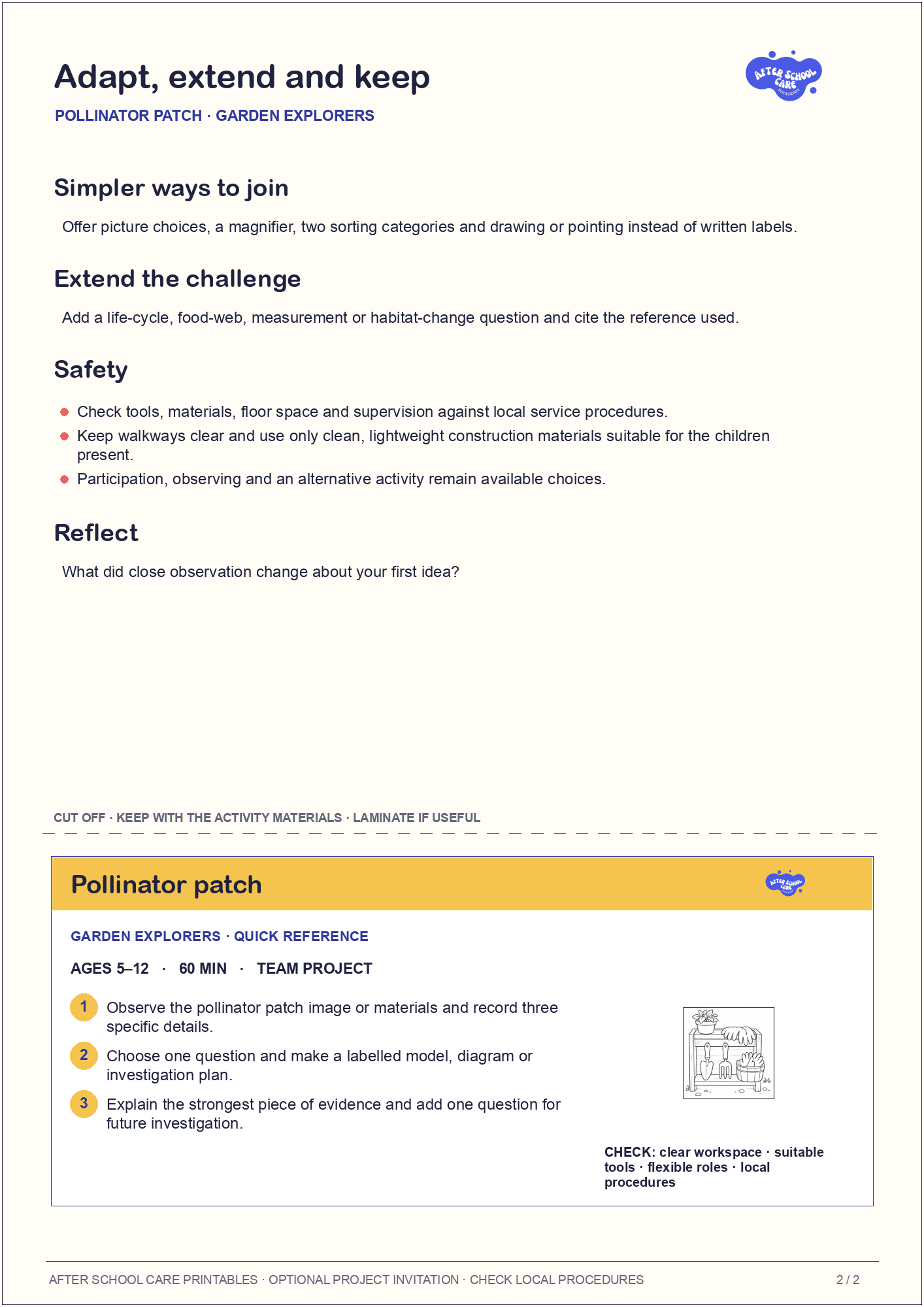 Pollinator patch – Garden Explorers Major Activity adaptations and quick-reference card preview