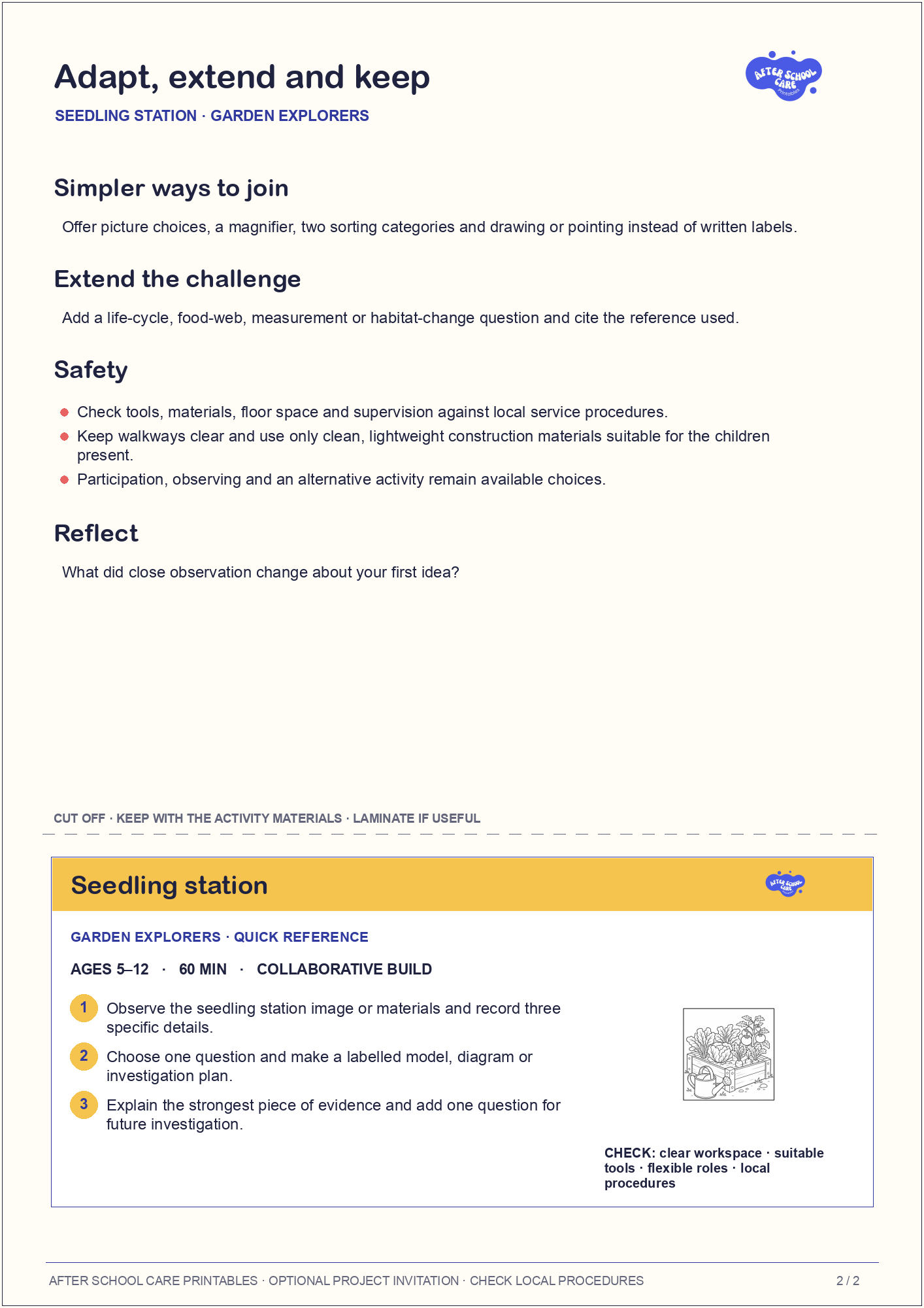 Seedling station – Garden Explorers Major Activity adaptations and quick-reference card preview