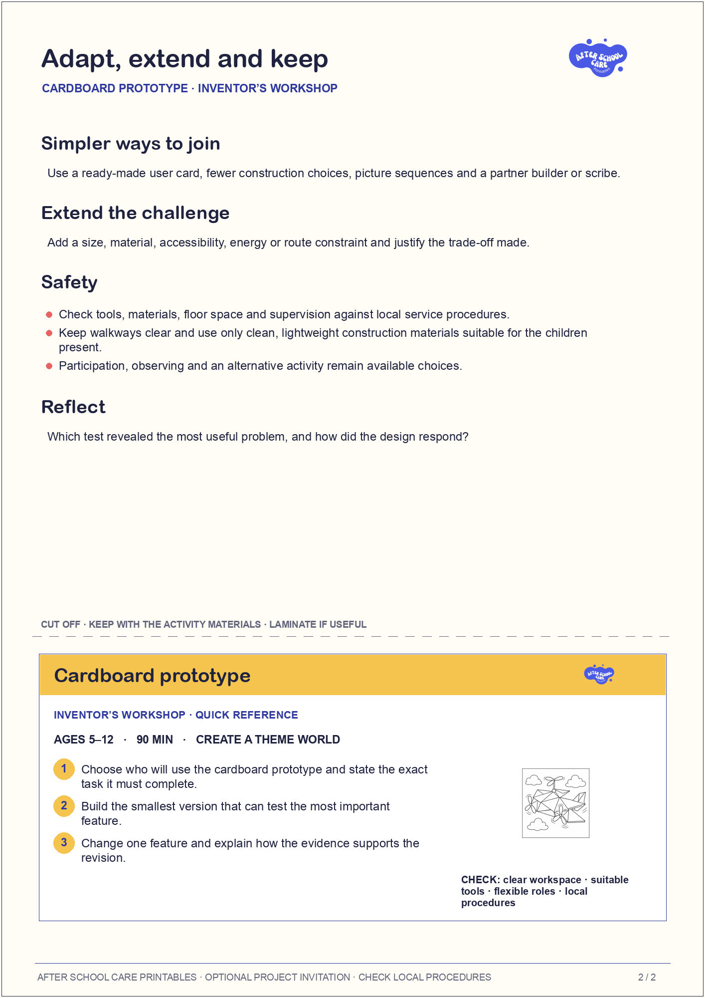 Cardboard prototype – Inventor’s Workshop Major Activity adaptations and quick-reference card preview