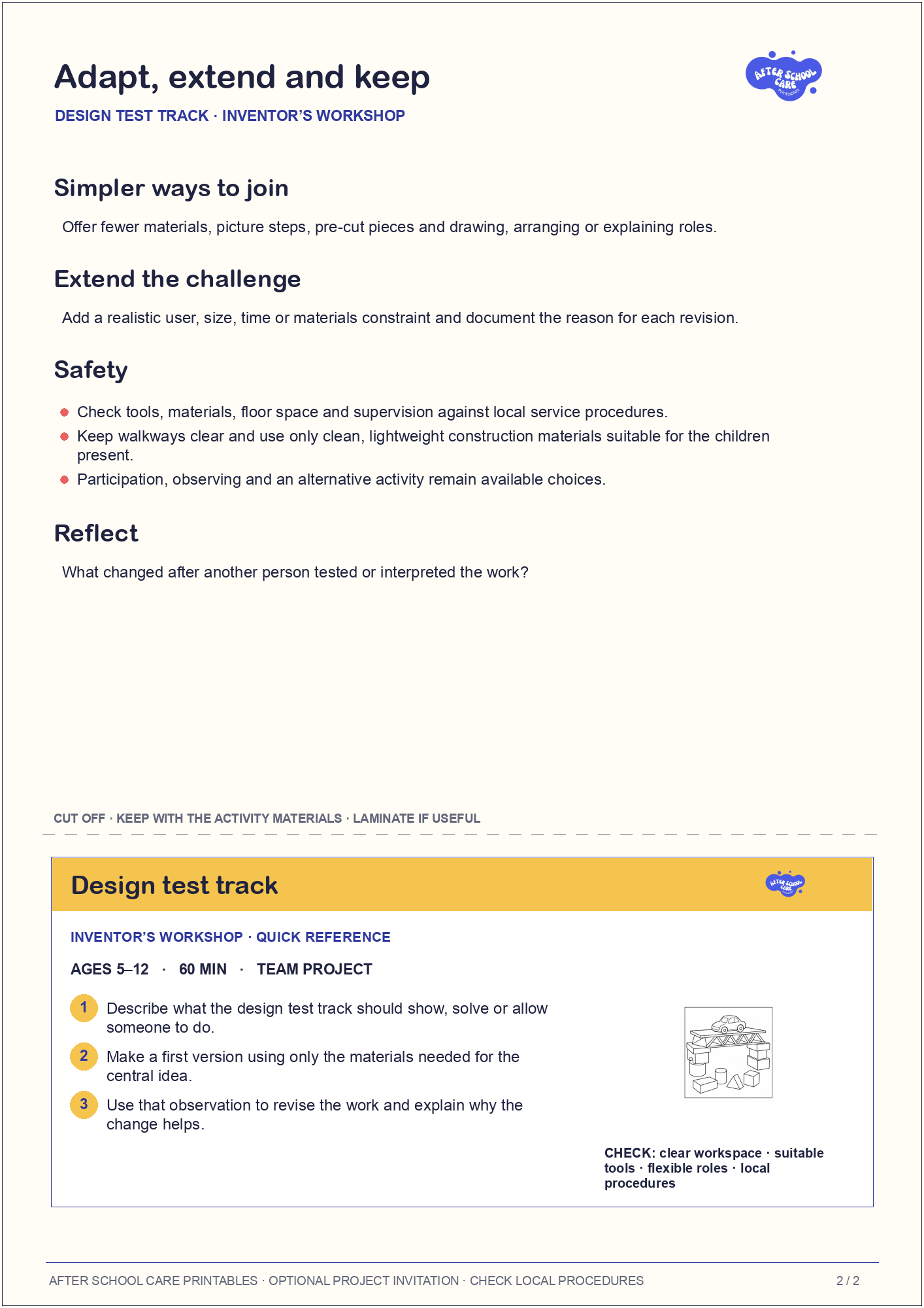 Design test track – Inventor’s Workshop Major Activity adaptations and quick-reference card preview