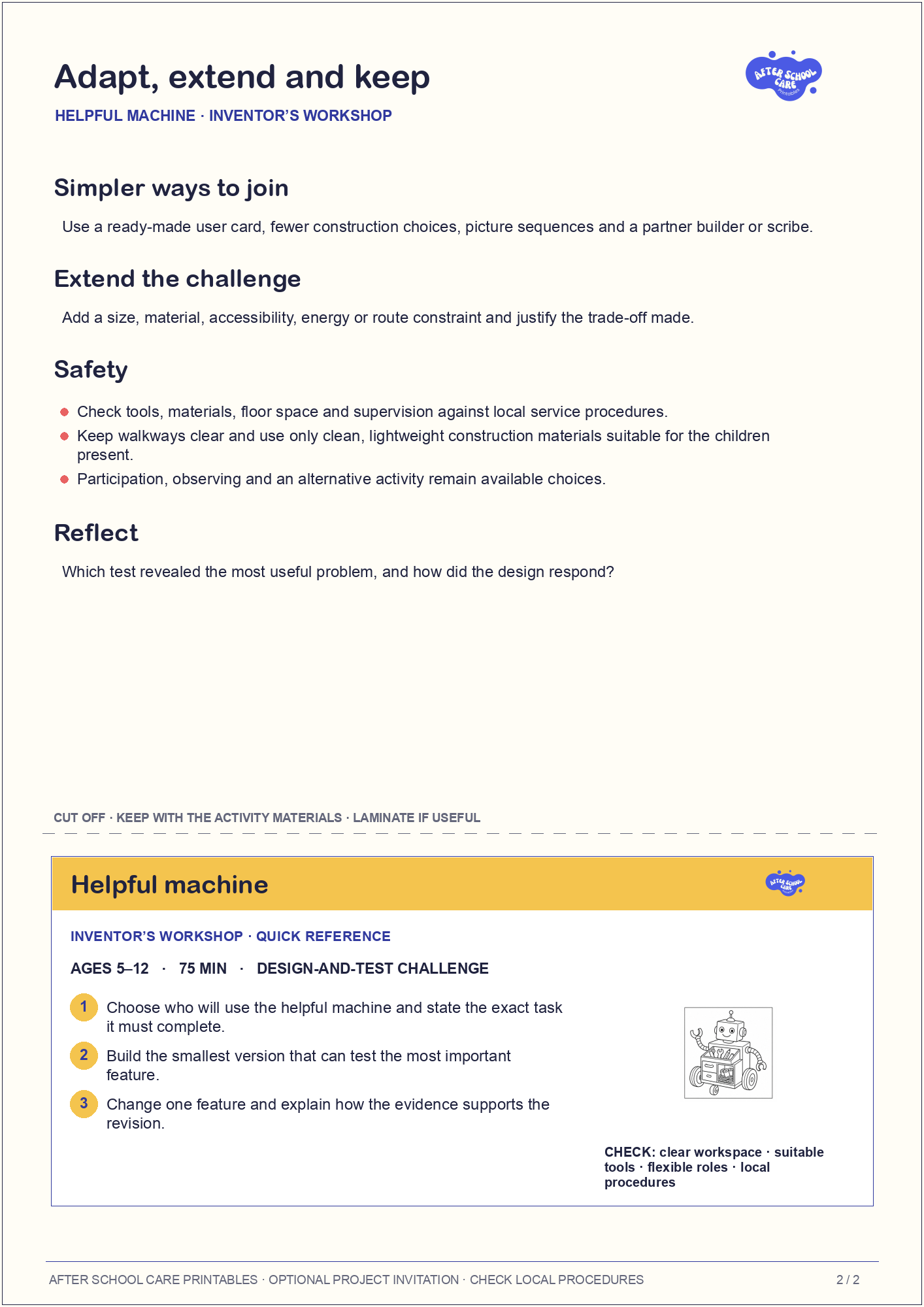 Helpful machine – Inventor’s Workshop Major Activity adaptations and quick-reference card preview