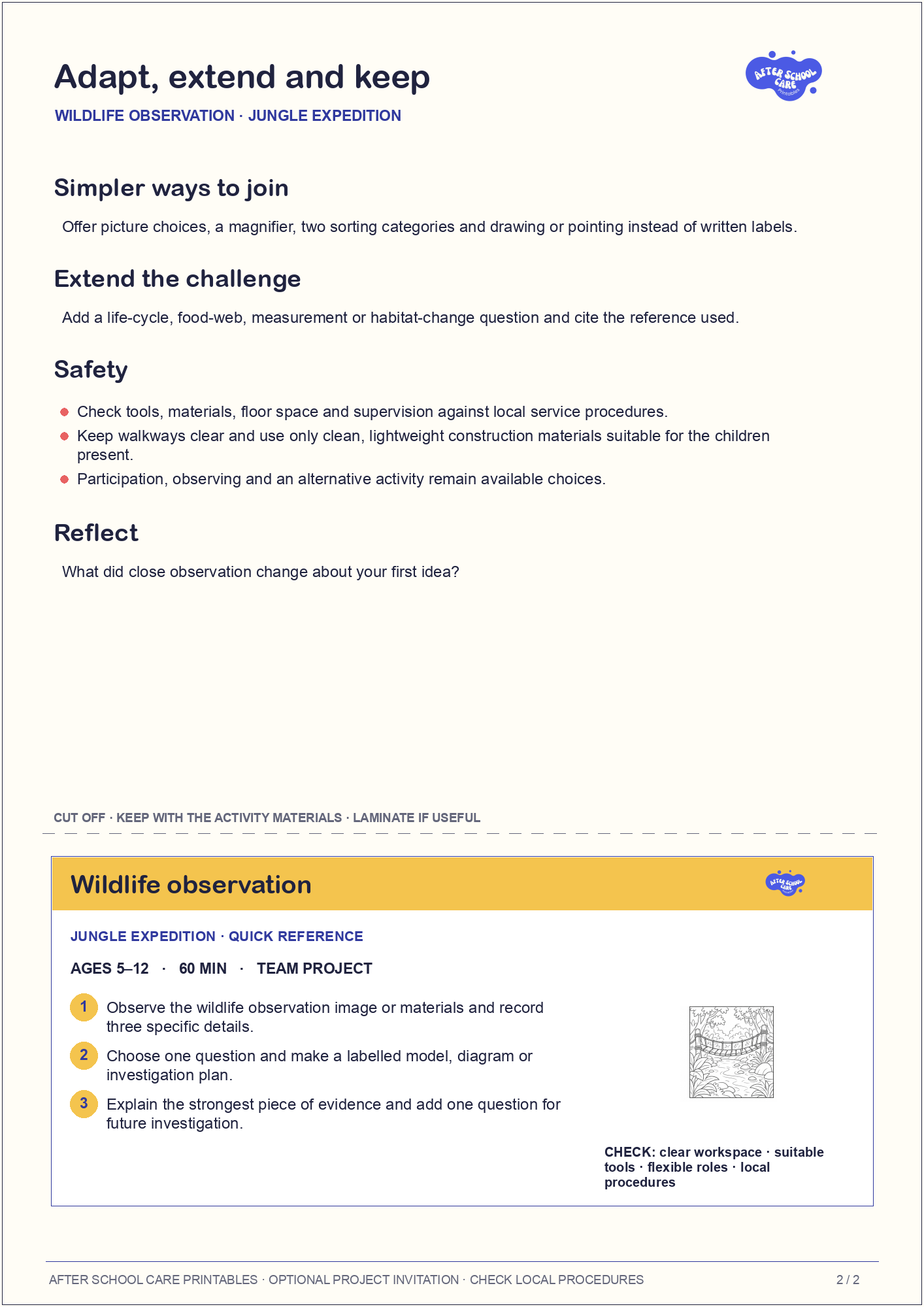 Wildlife observation – Jungle Expedition Major Activity adaptations and quick-reference card preview