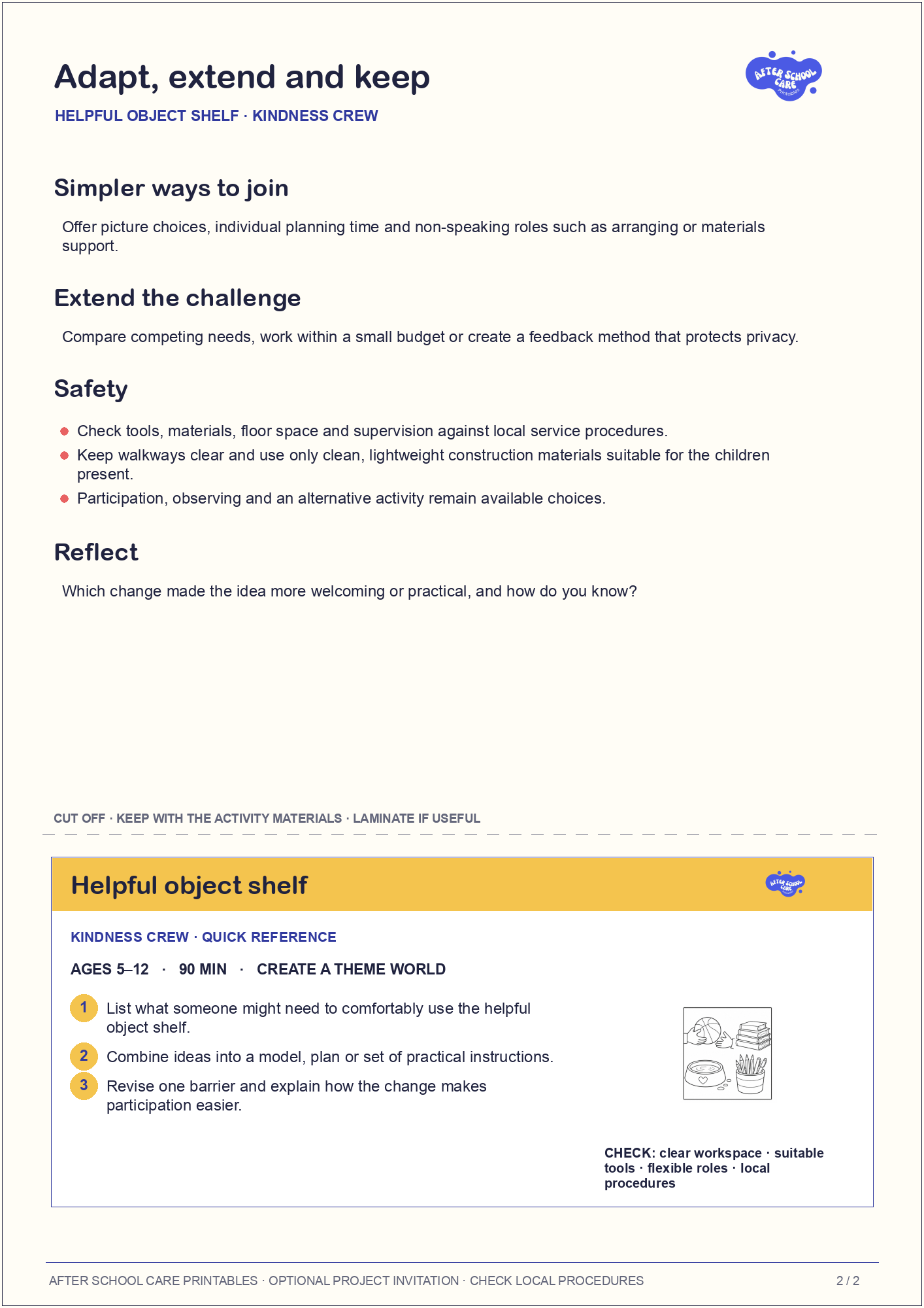 Helpful object shelf – Kindness Crew Major Activity adaptations and quick-reference card preview