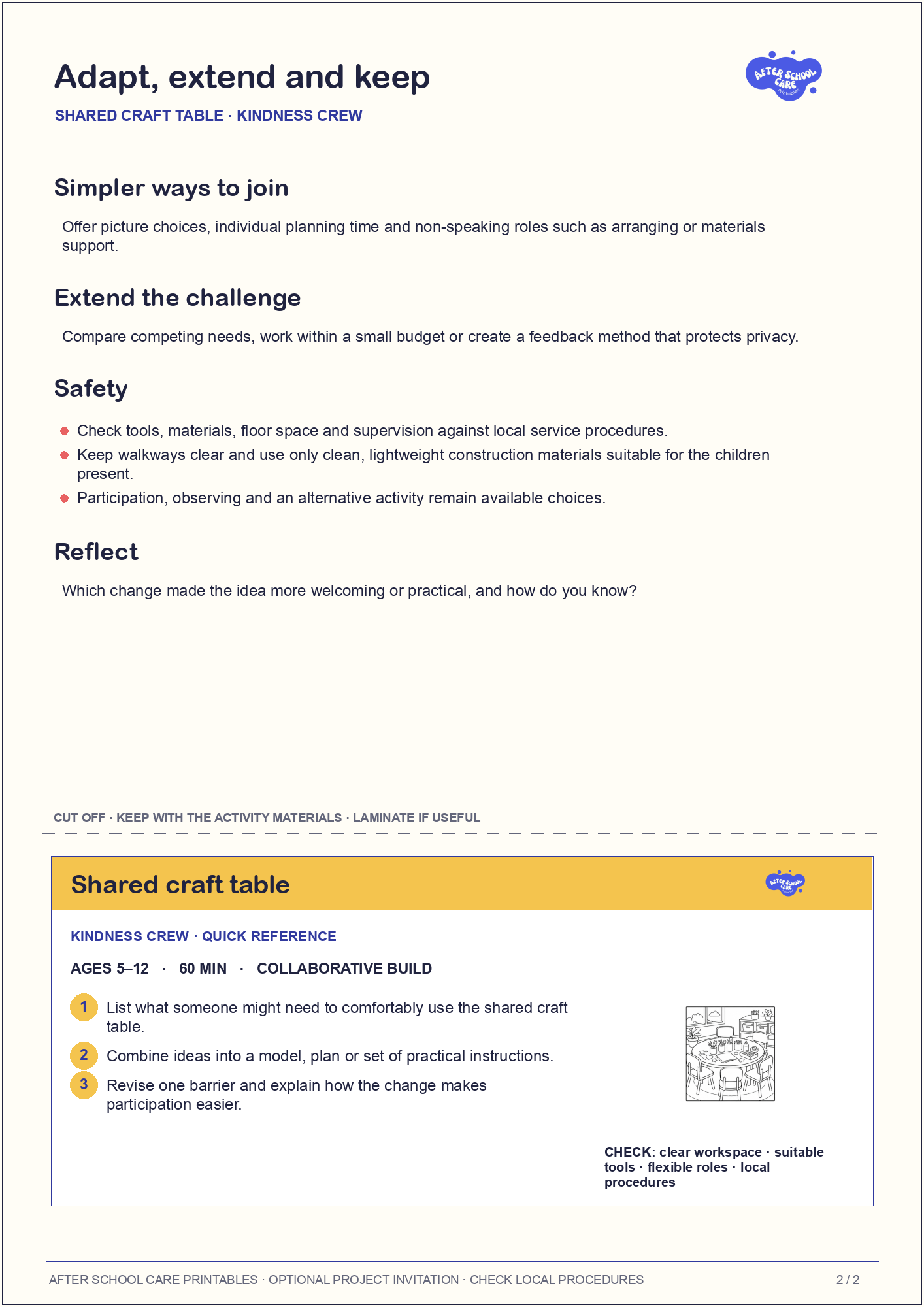 Shared craft table – Kindness Crew Major Activity adaptations and quick-reference card preview