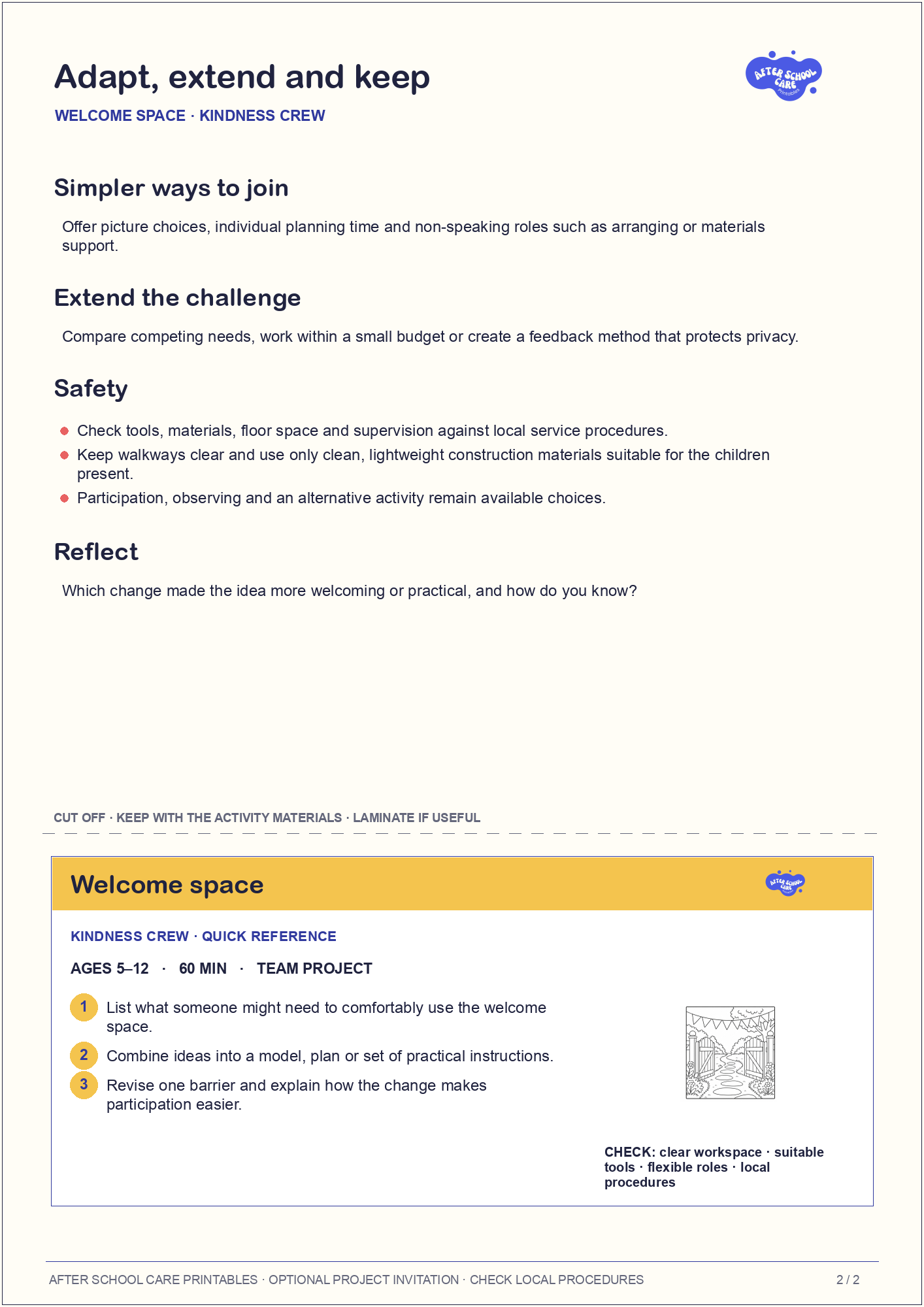 Welcome space – Kindness Crew Major Activity adaptations and quick-reference card preview