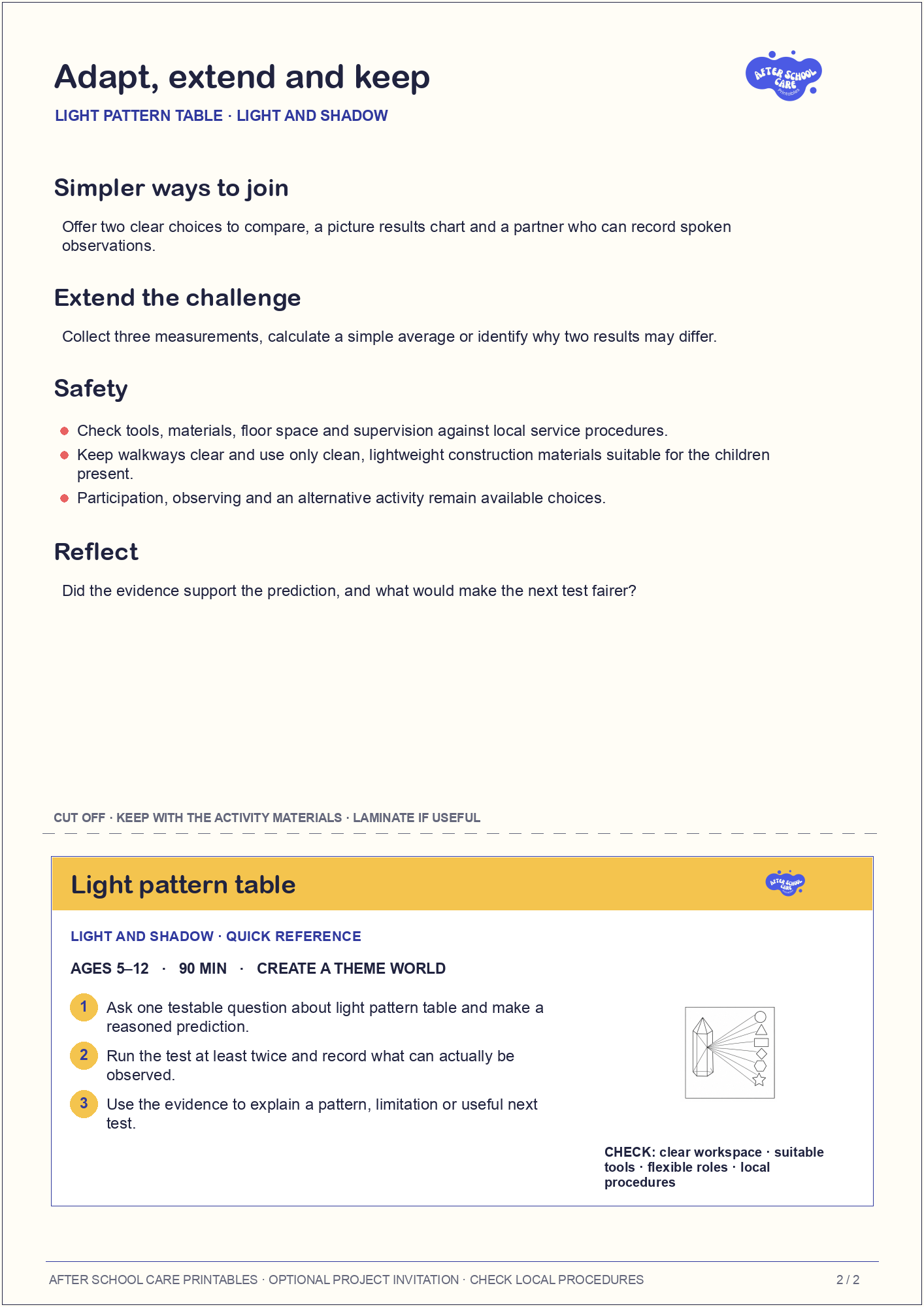 Light pattern table – Light and Shadow Major Activity adaptations and quick-reference card preview