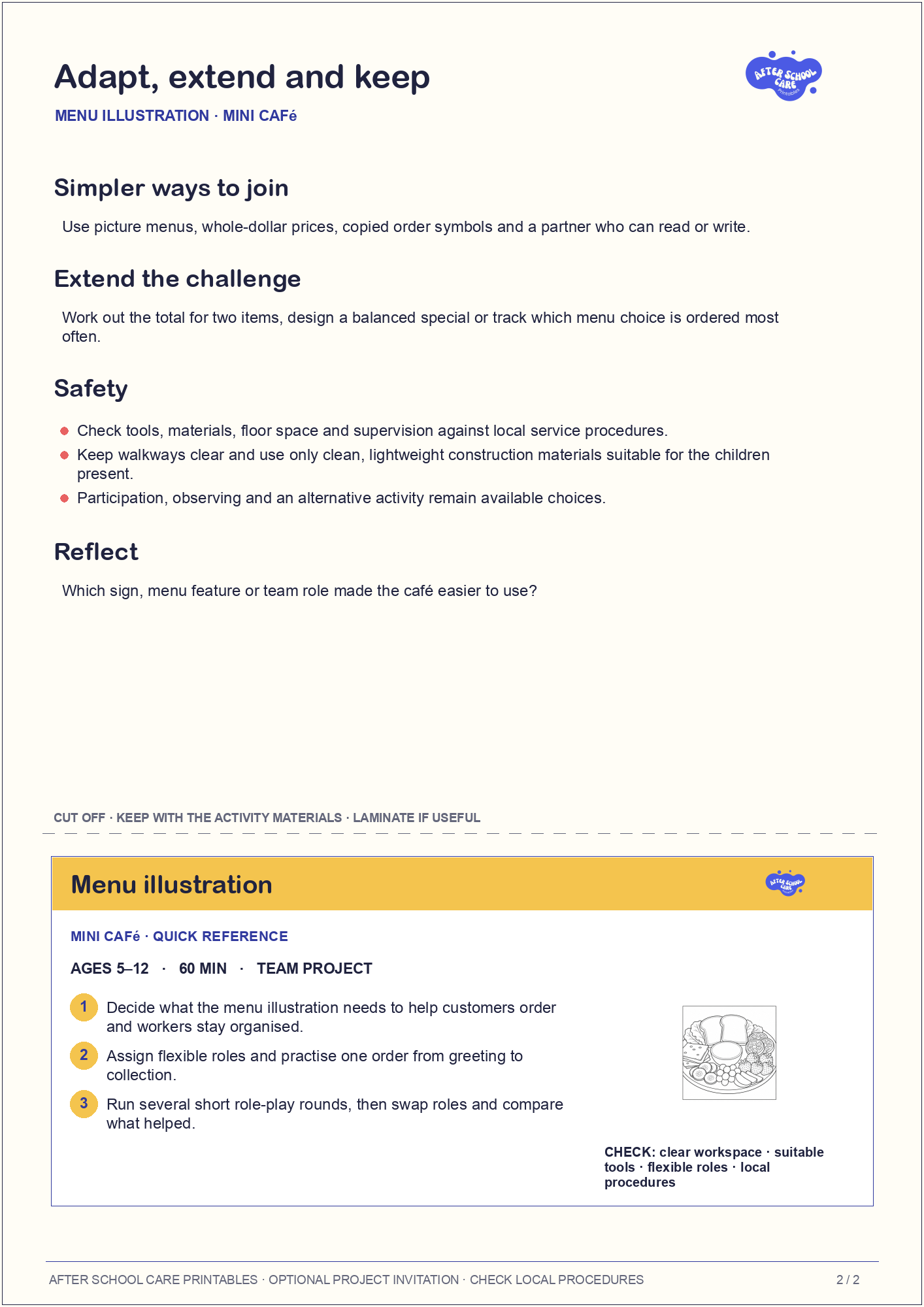 Menu illustration – Mini Café Major Activity adaptations and quick-reference card preview
