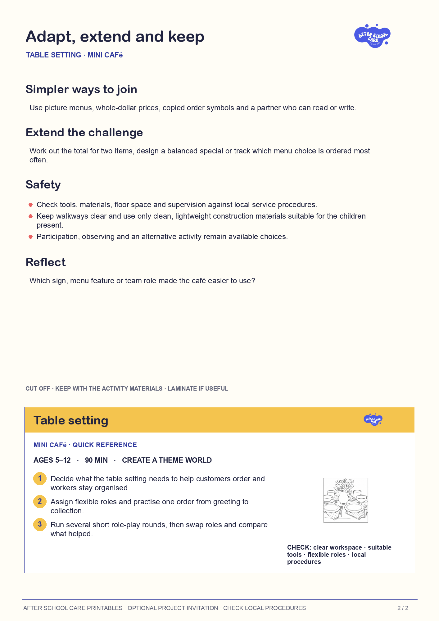 Table setting – Mini Café Major Activity adaptations and quick-reference card preview