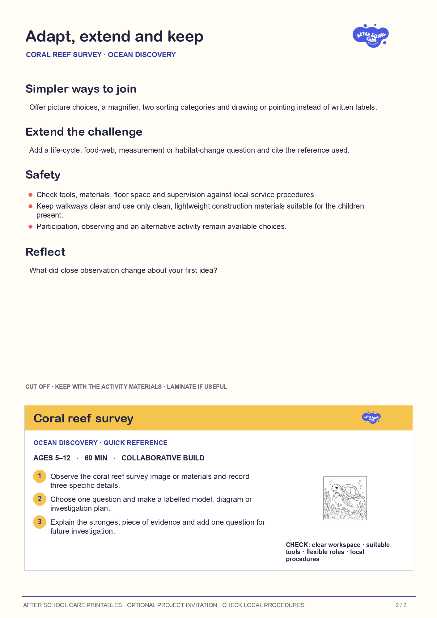 Coral reef survey – Ocean Discovery Major Activity adaptations and quick-reference card preview