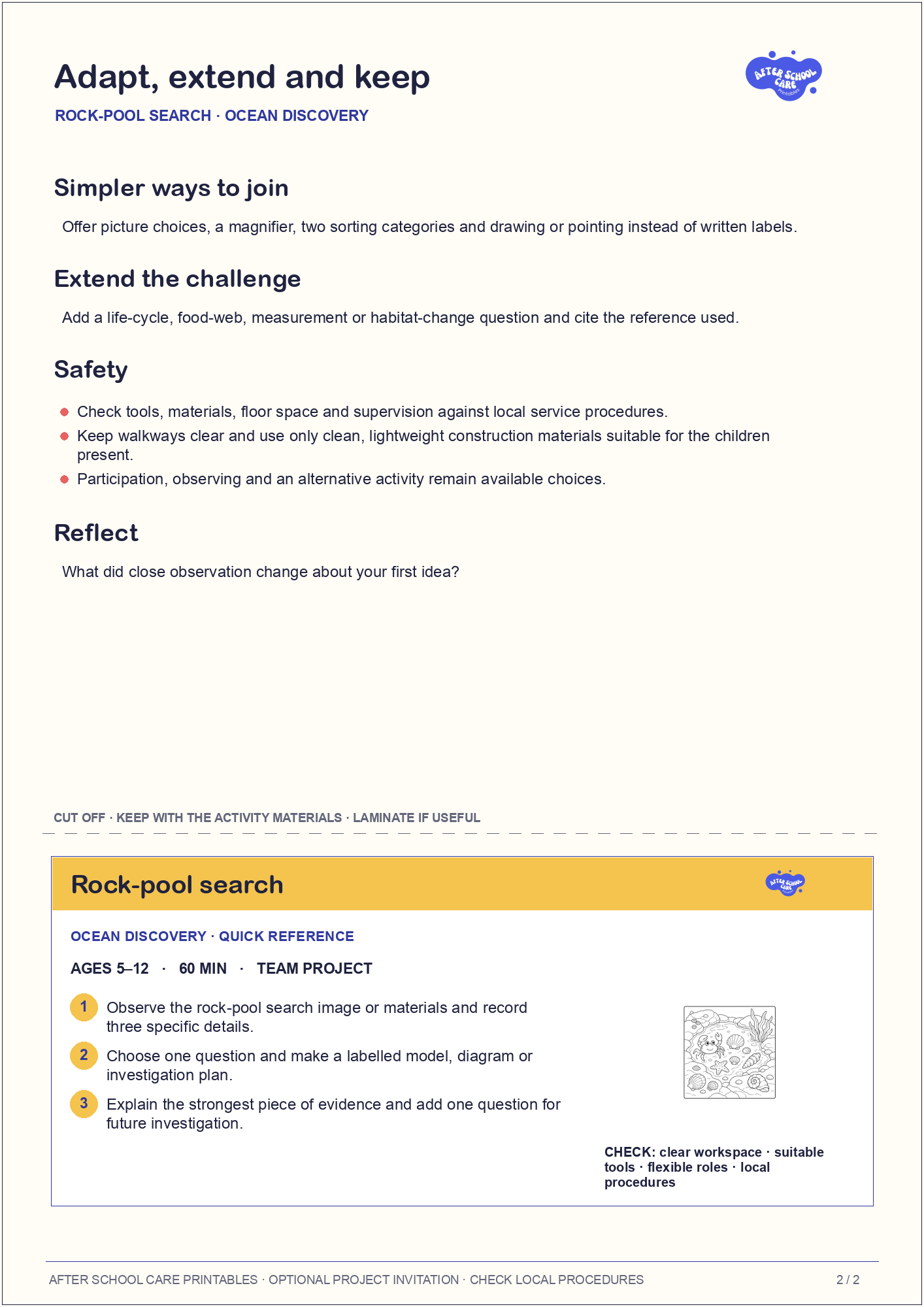 Rock-pool search – Ocean Discovery Major Activity adaptations and quick-reference card preview