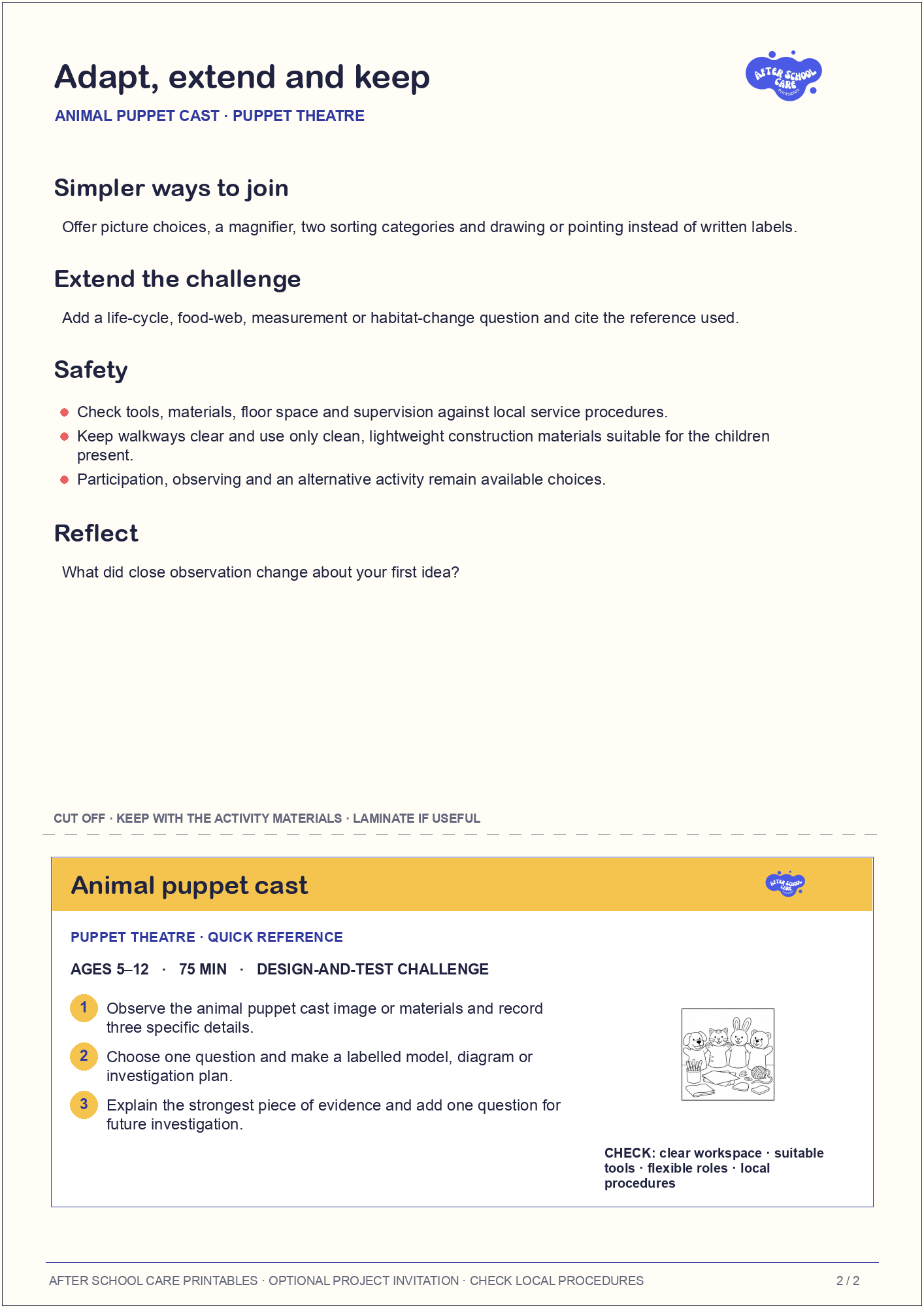 Animal puppet cast – Puppet Theatre Major Activity adaptations and quick-reference card preview