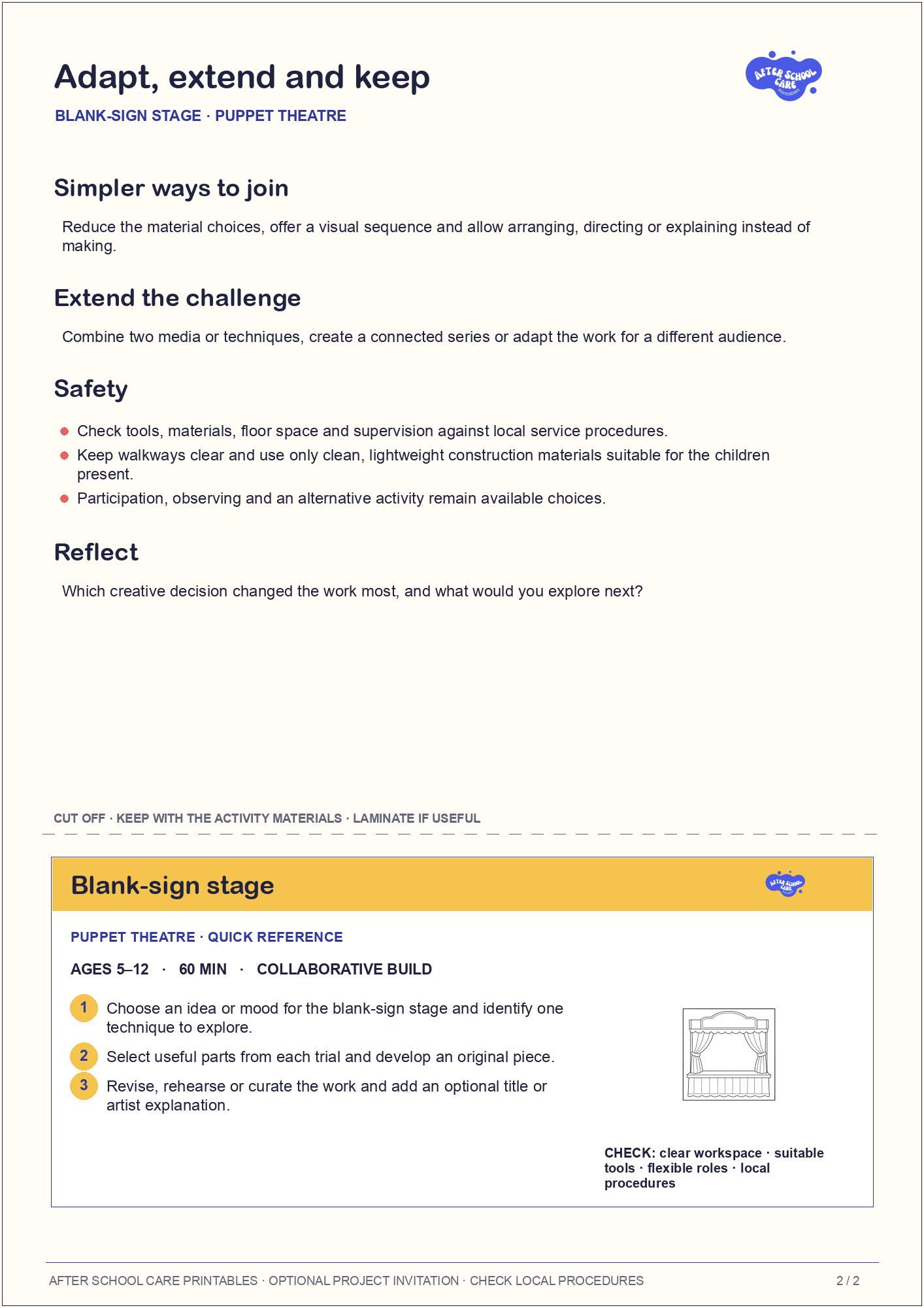 Blank-sign stage – Puppet Theatre Major Activity adaptations and quick-reference card preview