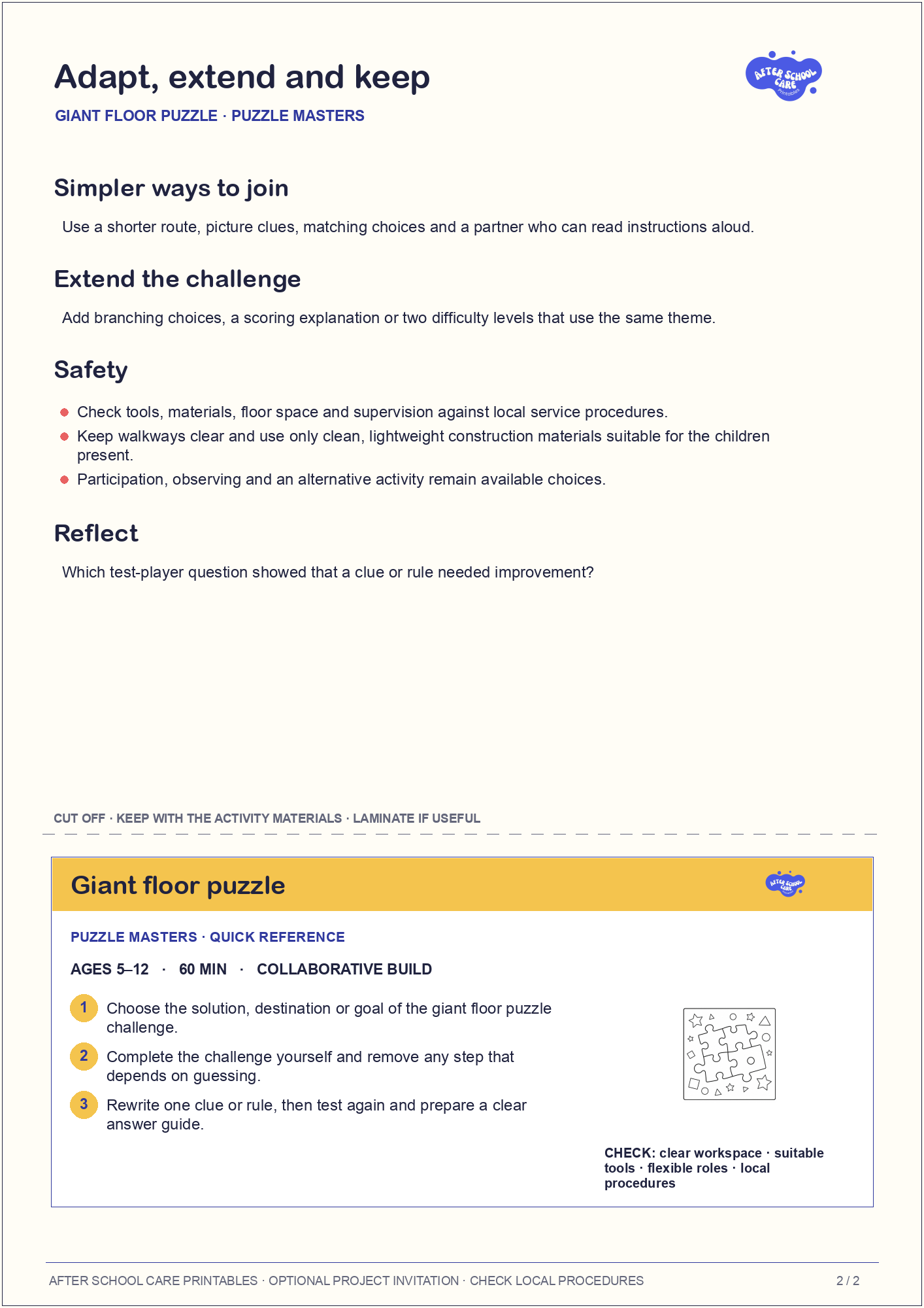 Giant floor puzzle – Puzzle Masters Major Activity adaptations and quick-reference card preview