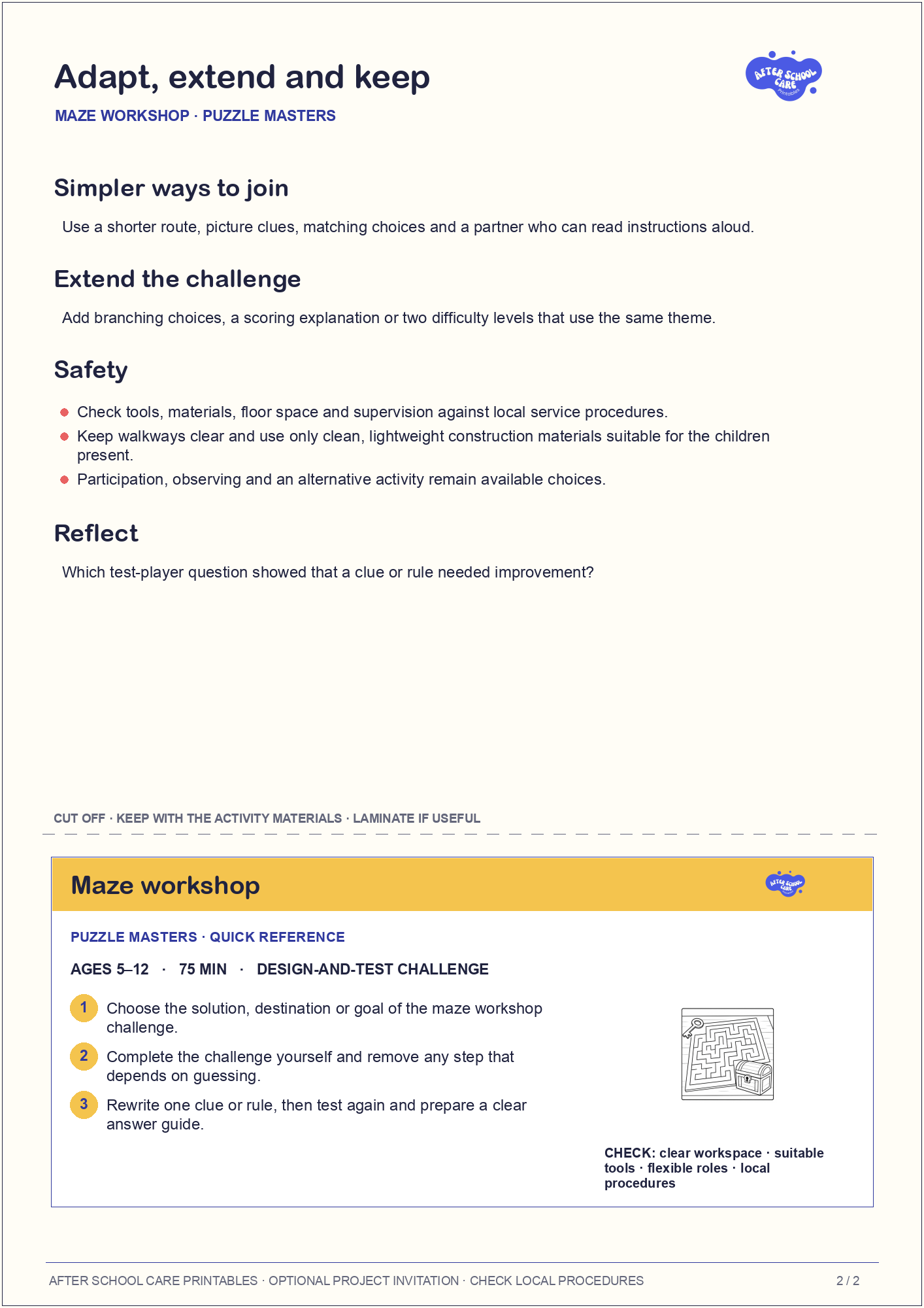Maze workshop – Puzzle Masters Major Activity adaptations and quick-reference card preview