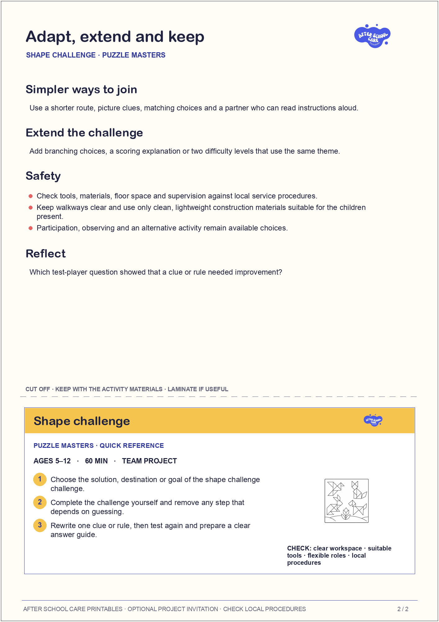 Shape challenge – Puzzle Masters Major Activity adaptations and quick-reference card preview