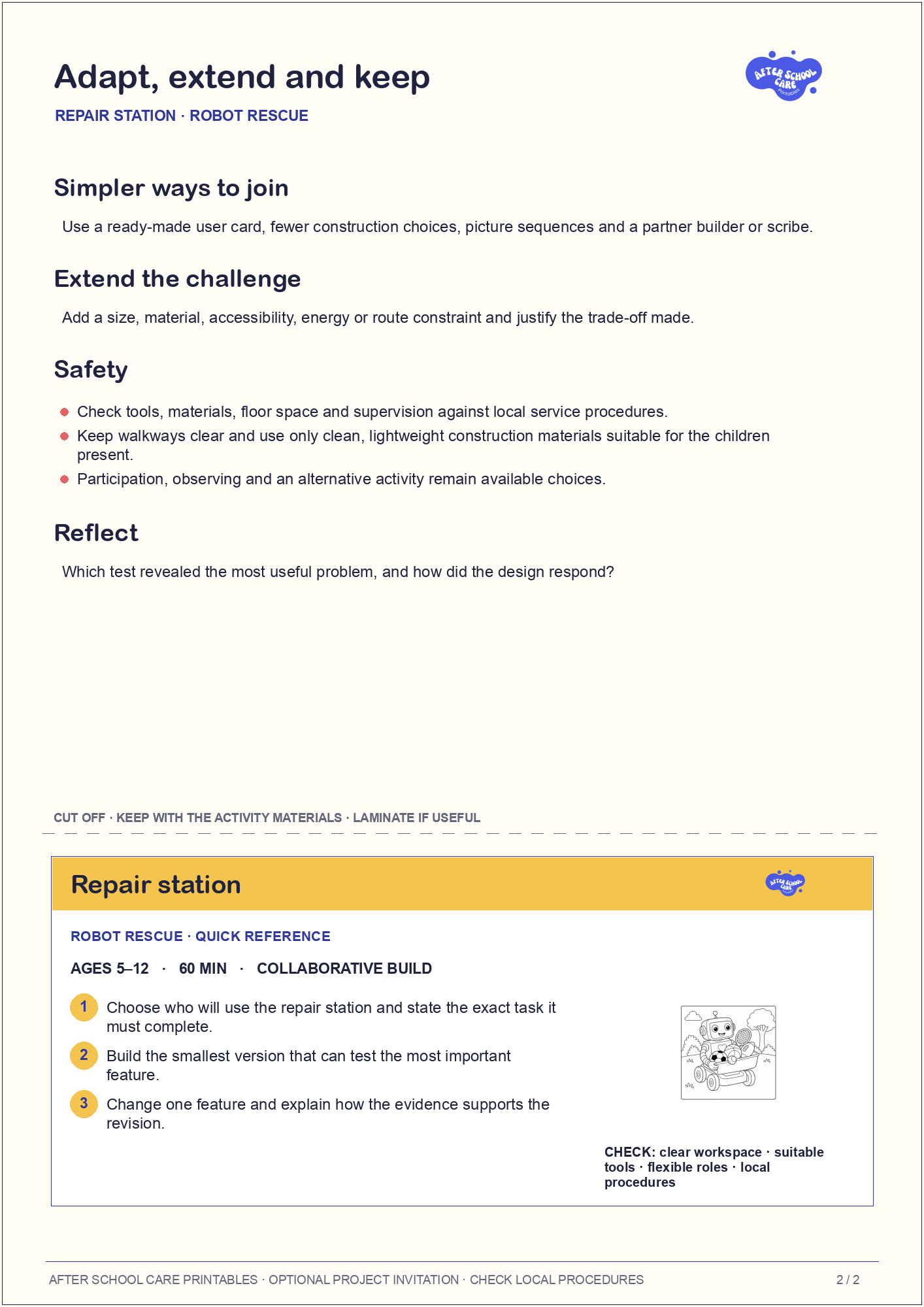 Repair station – Robot Rescue Major Activity adaptations and quick-reference card preview