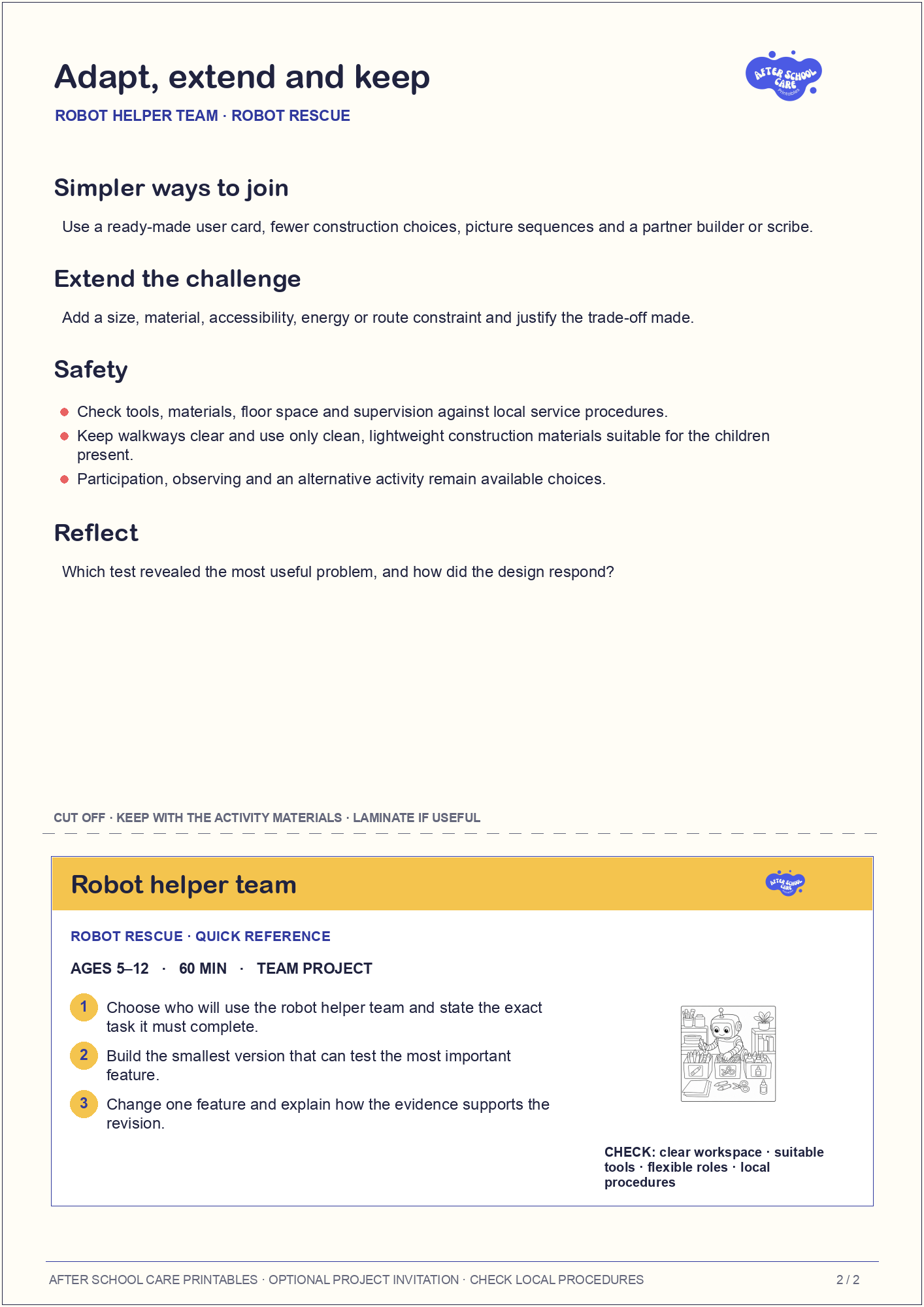 Robot helper team – Robot Rescue Major Activity adaptations and quick-reference card preview
