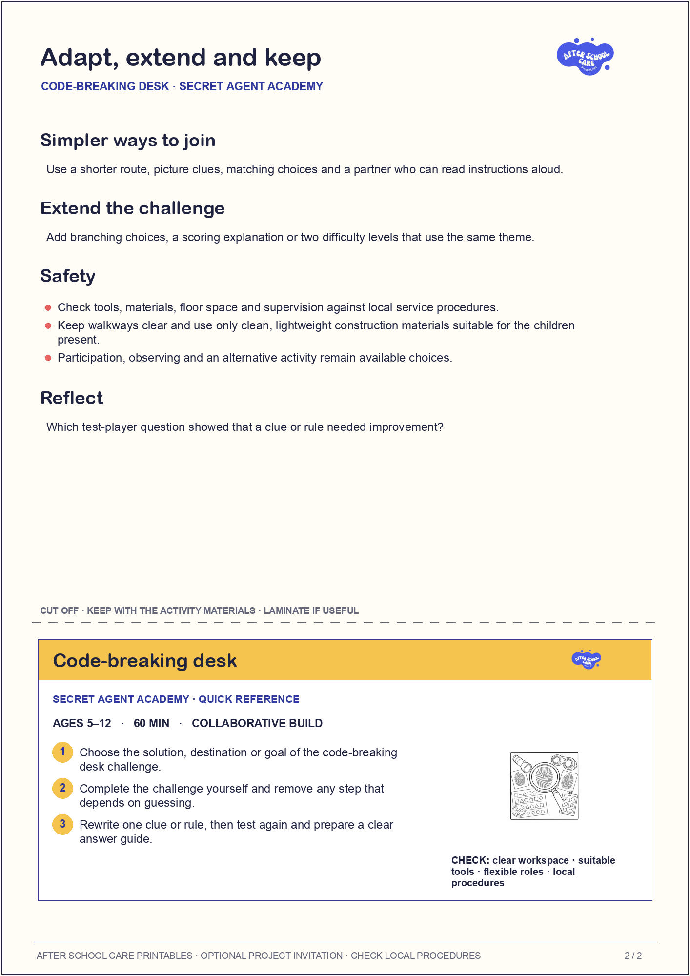 Code-breaking desk – Secret Agent Academy Major Activity adaptations and quick-reference card preview