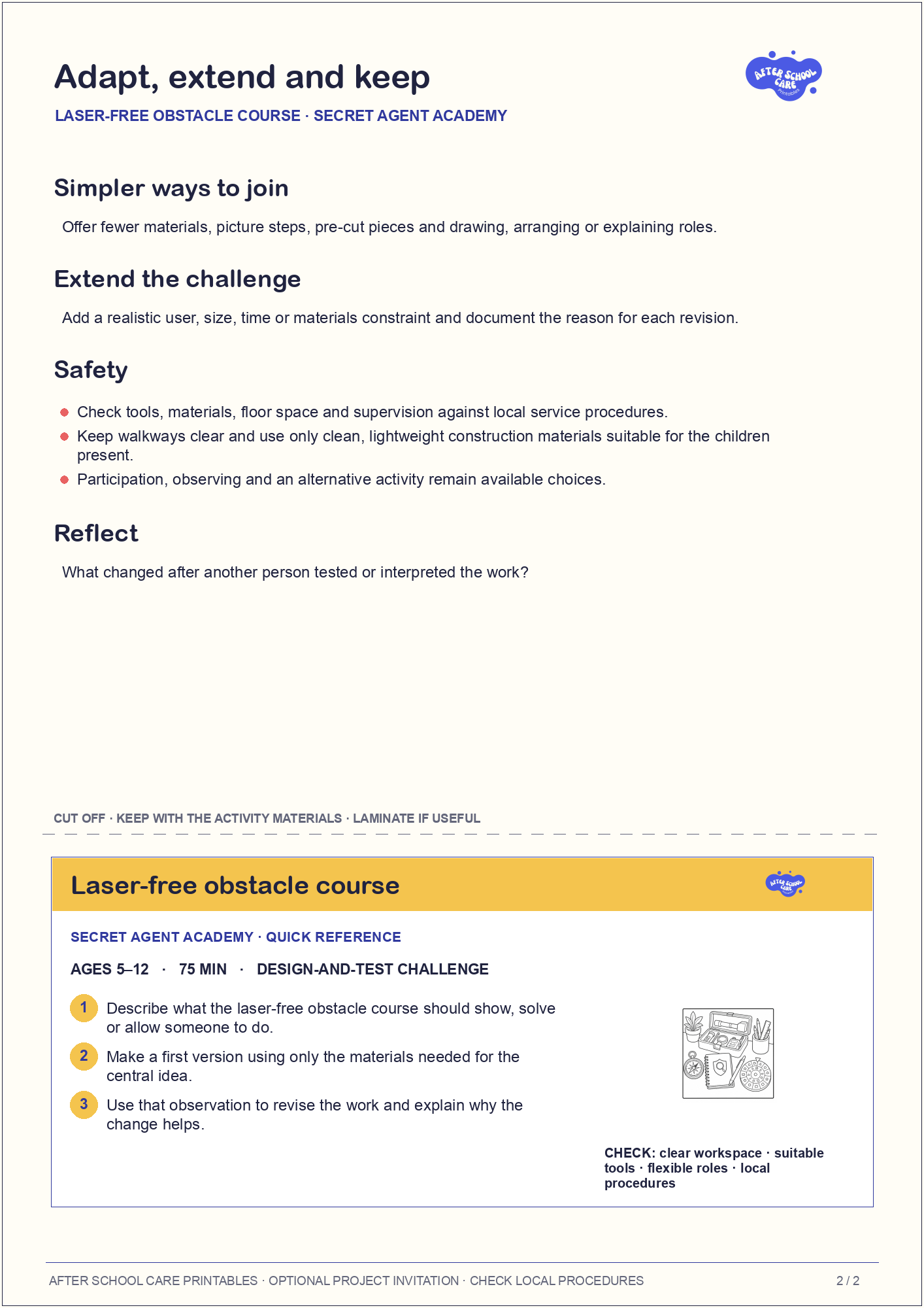 Laser-free obstacle course – Secret Agent Academy Major Activity adaptations and quick-reference card preview