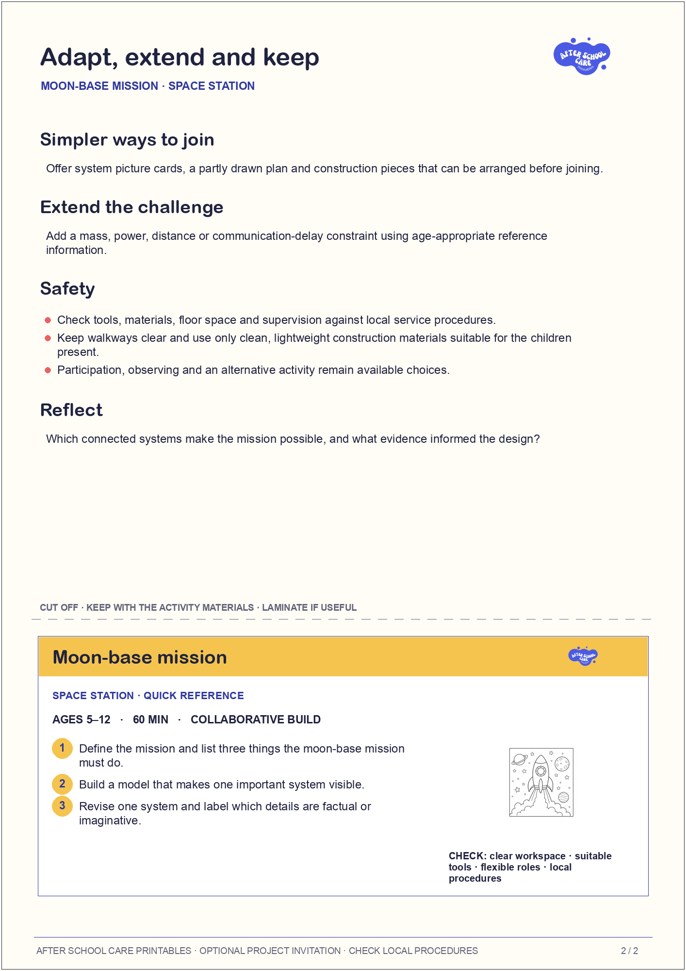 Moon-base mission – Space Station Major Activity adaptations and quick-reference card preview