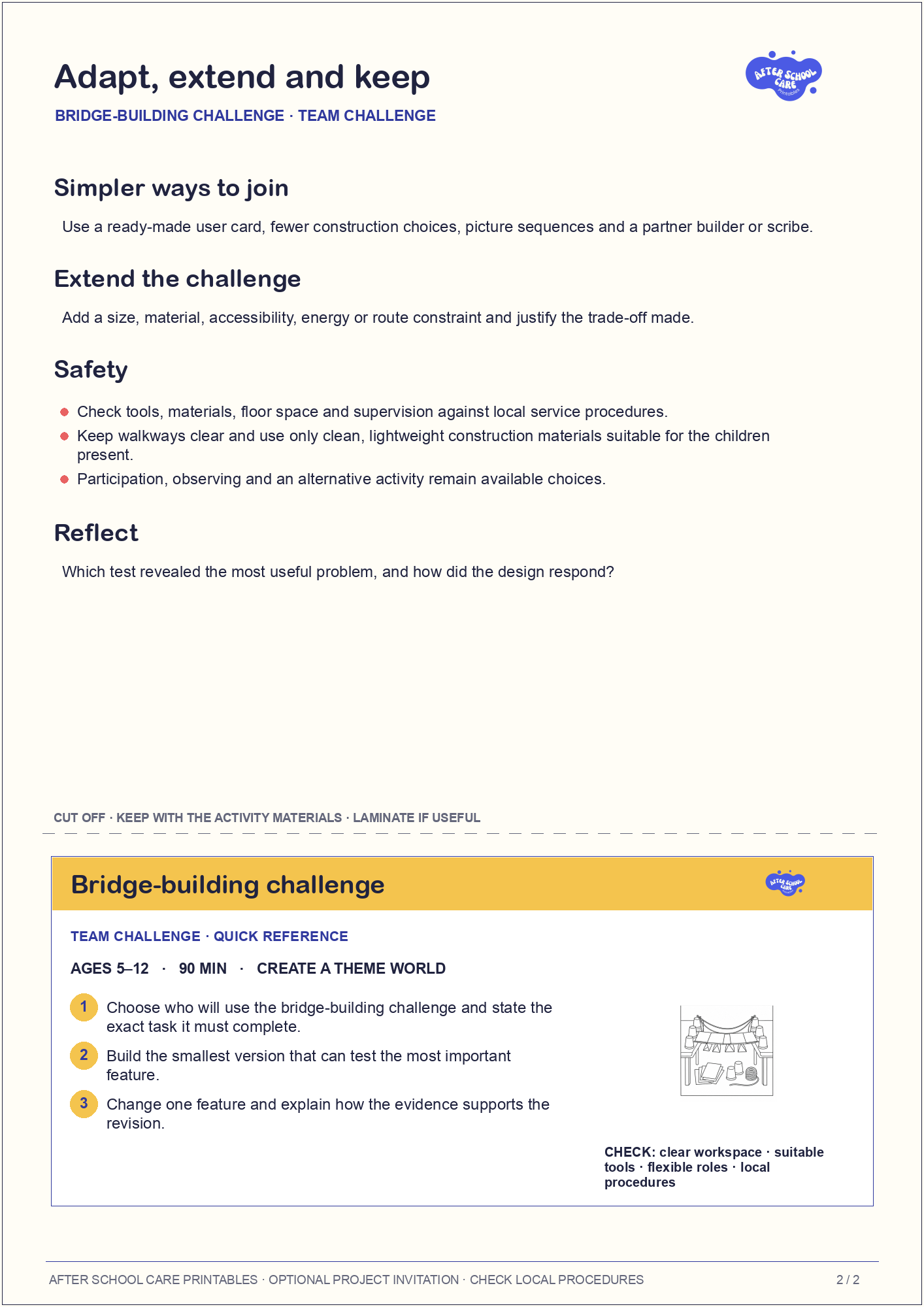 Bridge-building challenge – Team Challenge Major Activity adaptations and quick-reference card preview