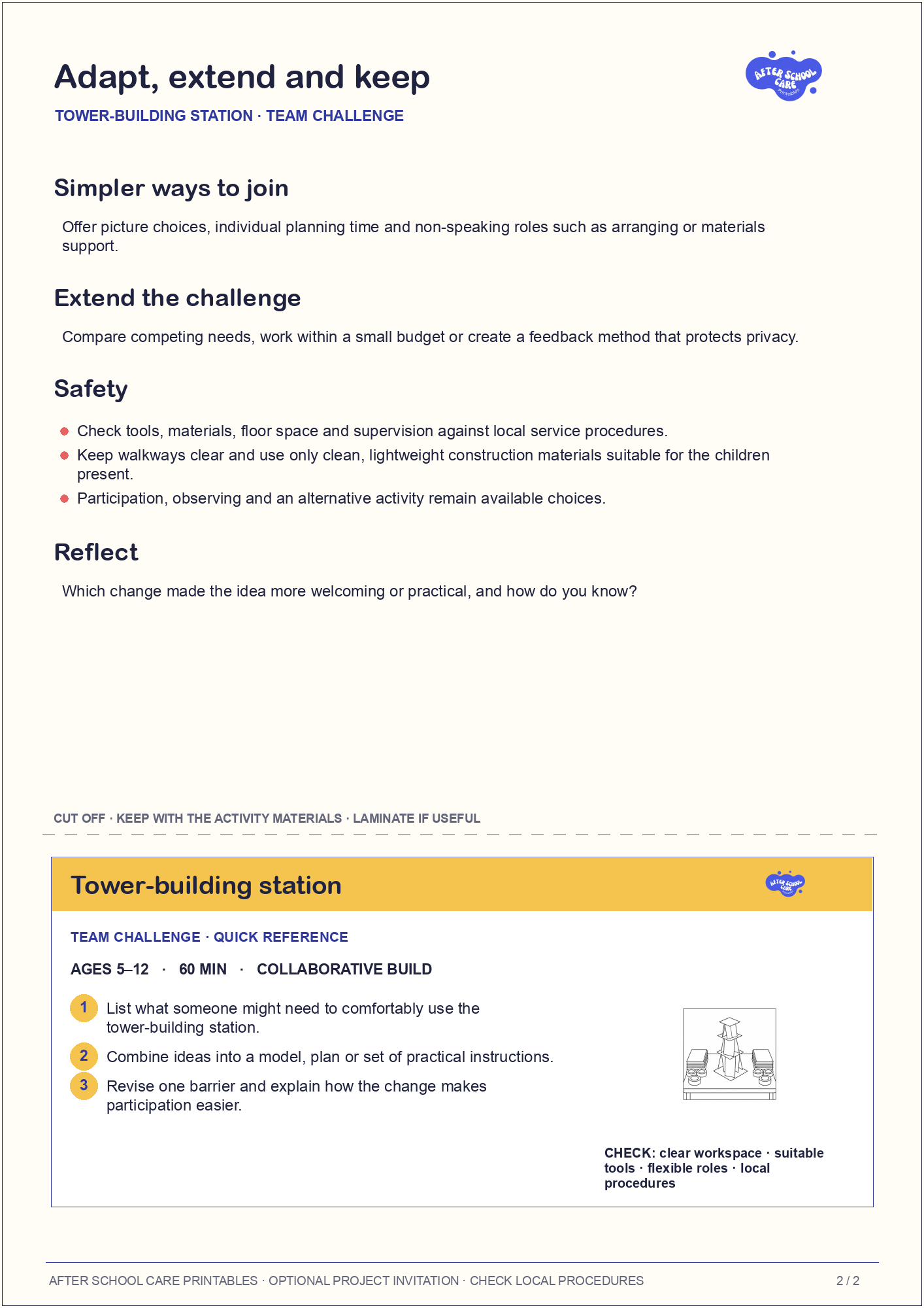 Tower-building station – Team Challenge Major Activity adaptations and quick-reference card preview