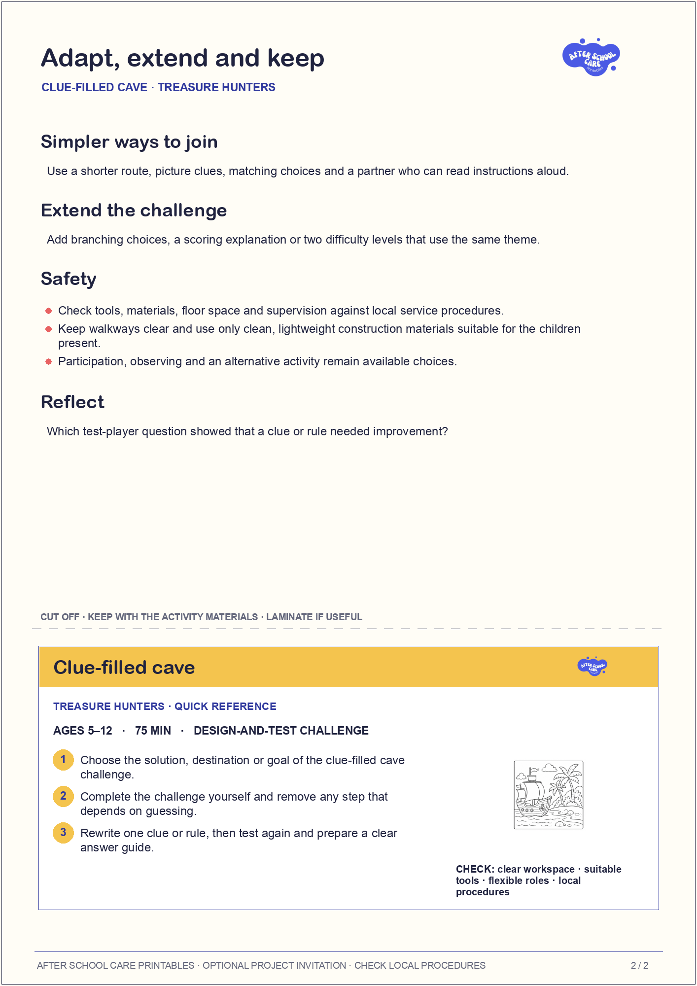 Clue-filled cave – Treasure Hunters Major Activity adaptations and quick-reference card preview