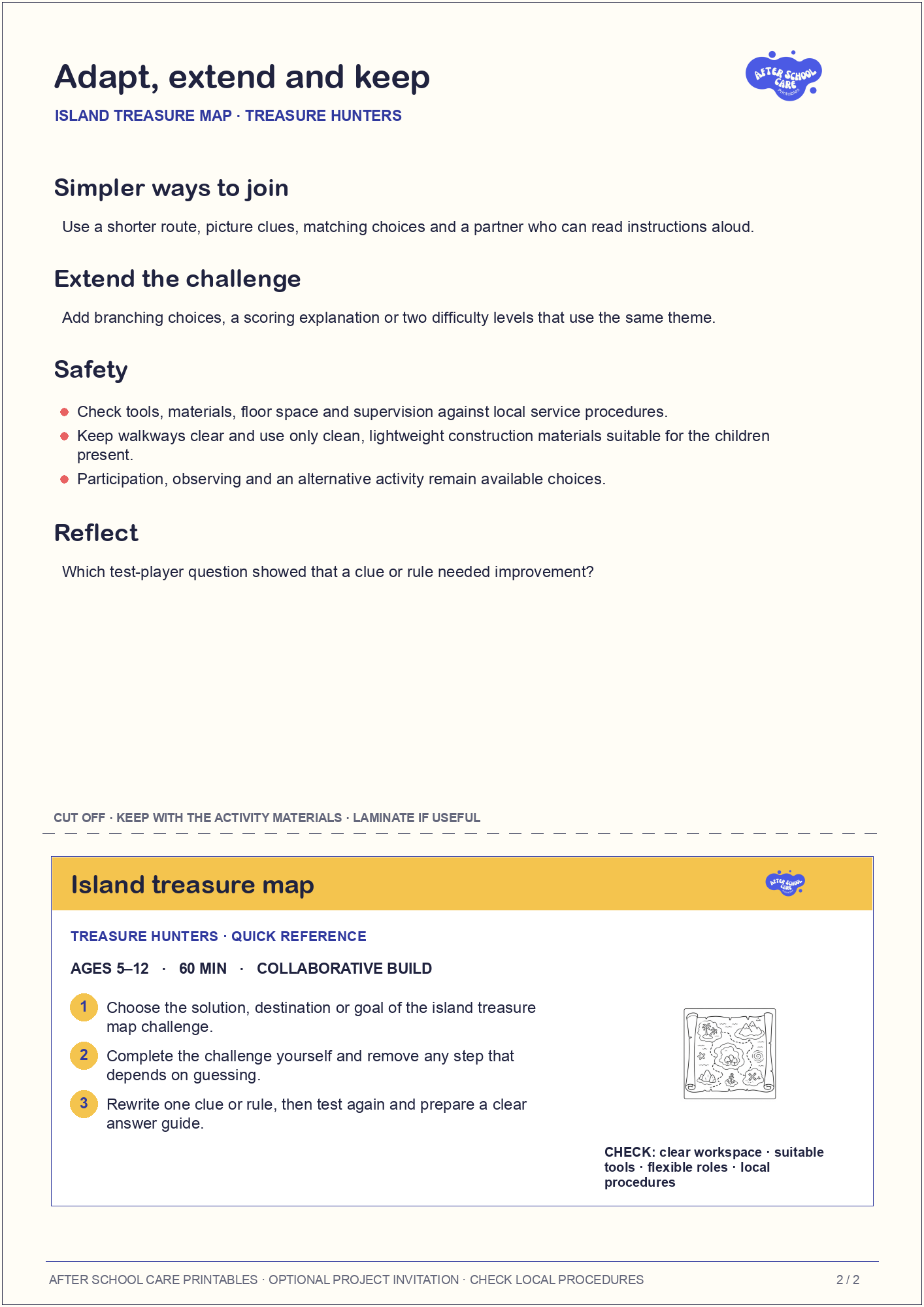 Island treasure map – Treasure Hunters Major Activity adaptations and quick-reference card preview