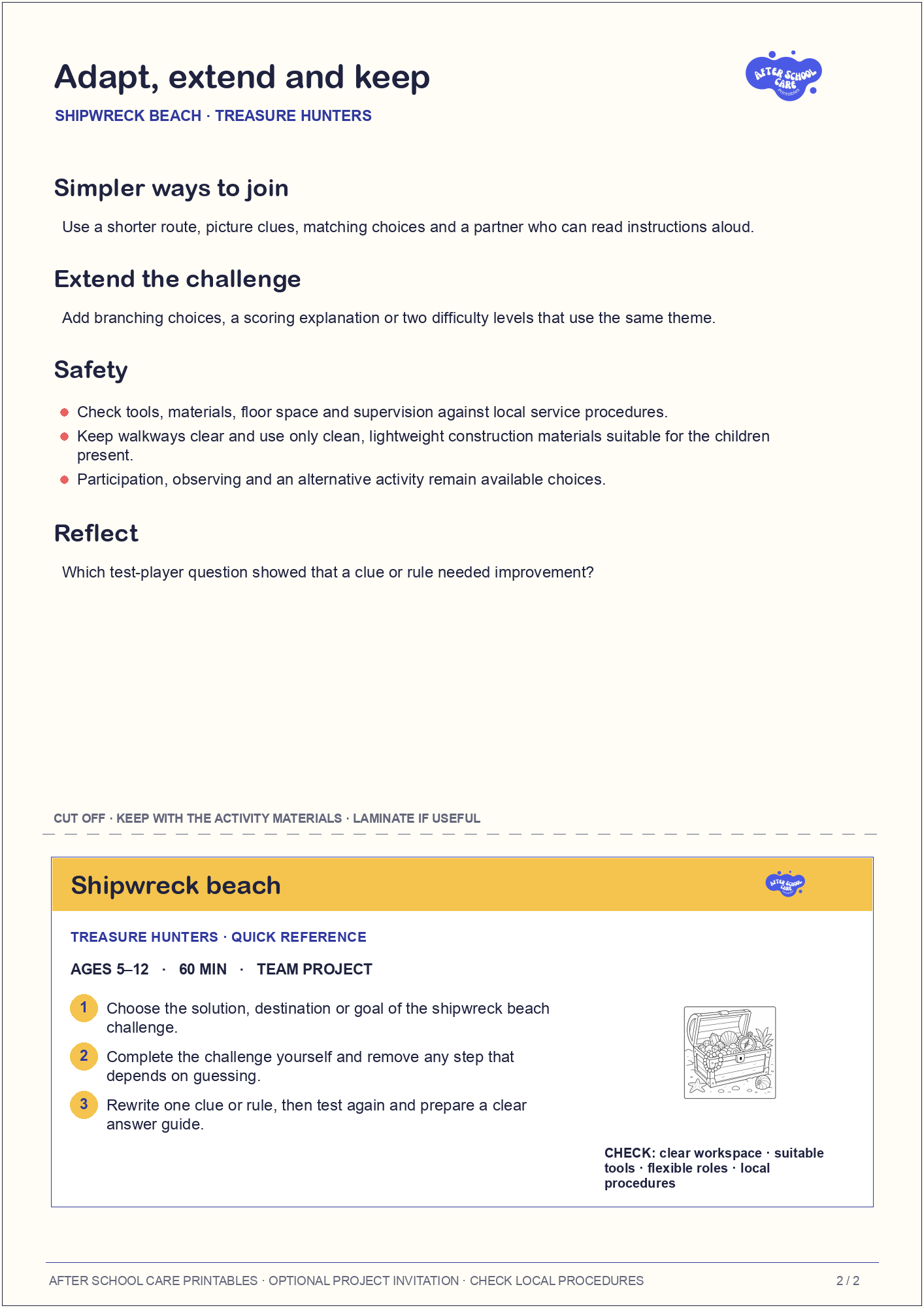 Shipwreck beach – Treasure Hunters Major Activity adaptations and quick-reference card preview
