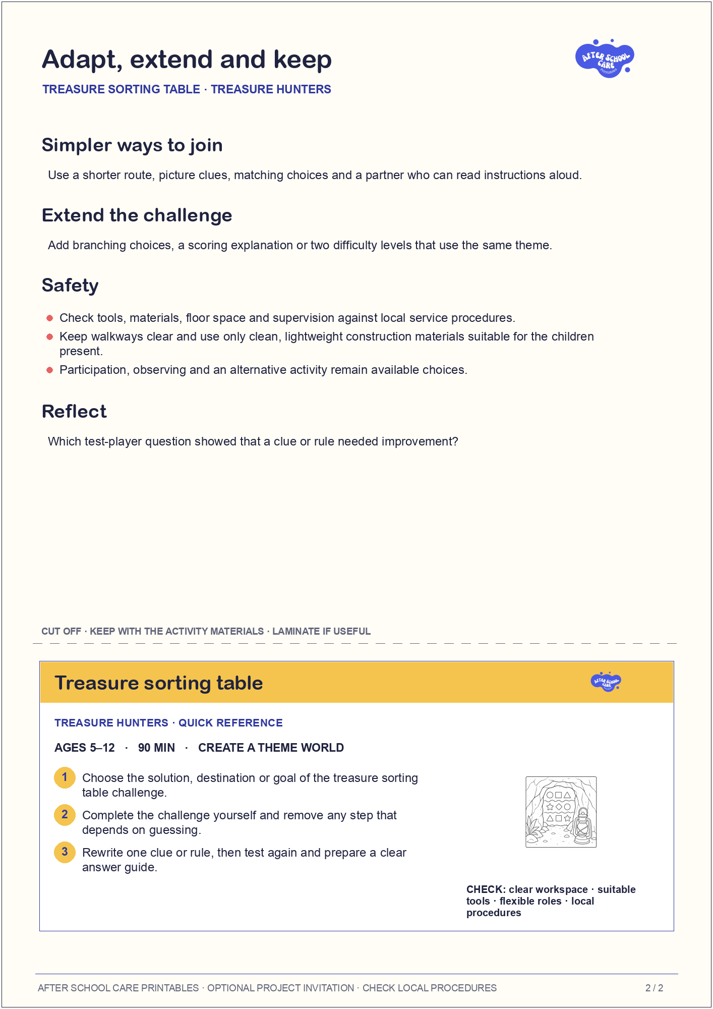 Treasure sorting table – Treasure Hunters Major Activity adaptations and quick-reference card preview
