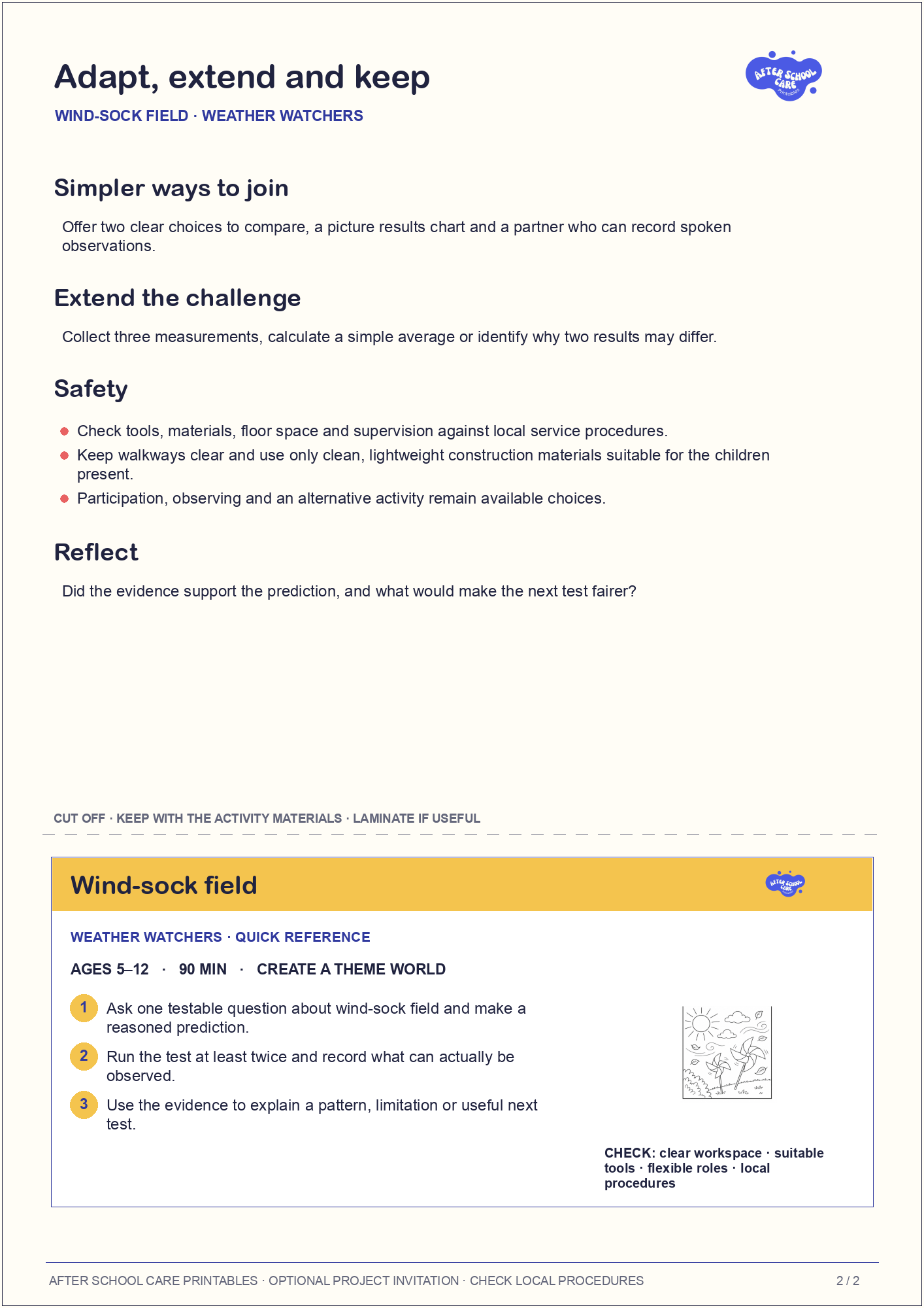 Wind-sock field – Weather Watchers Major Activity adaptations and quick-reference card preview